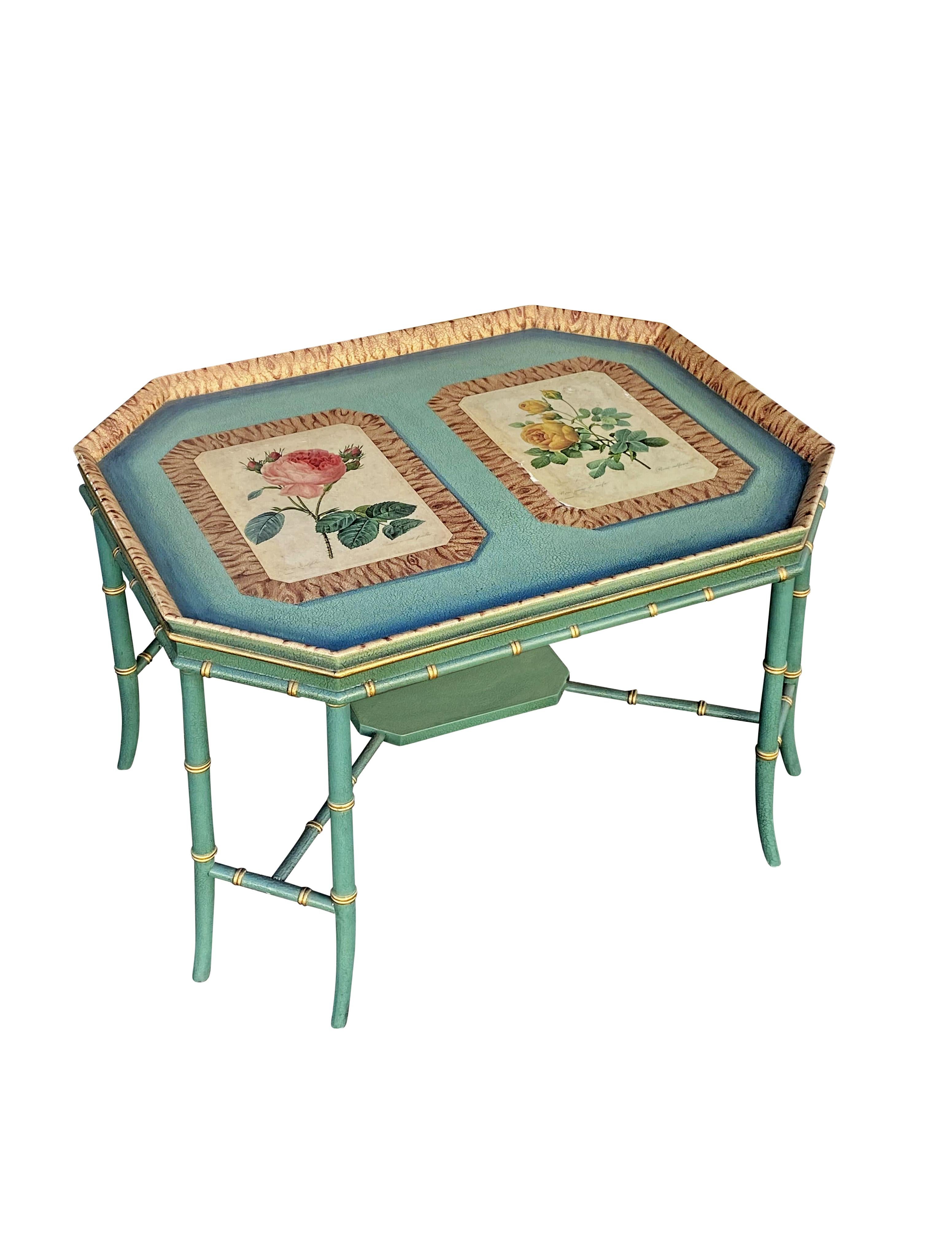 Maitland Smith Green Hand-Painted Bamboo Gilt Coffee Table In Good Condition In Beverly Hills, CA