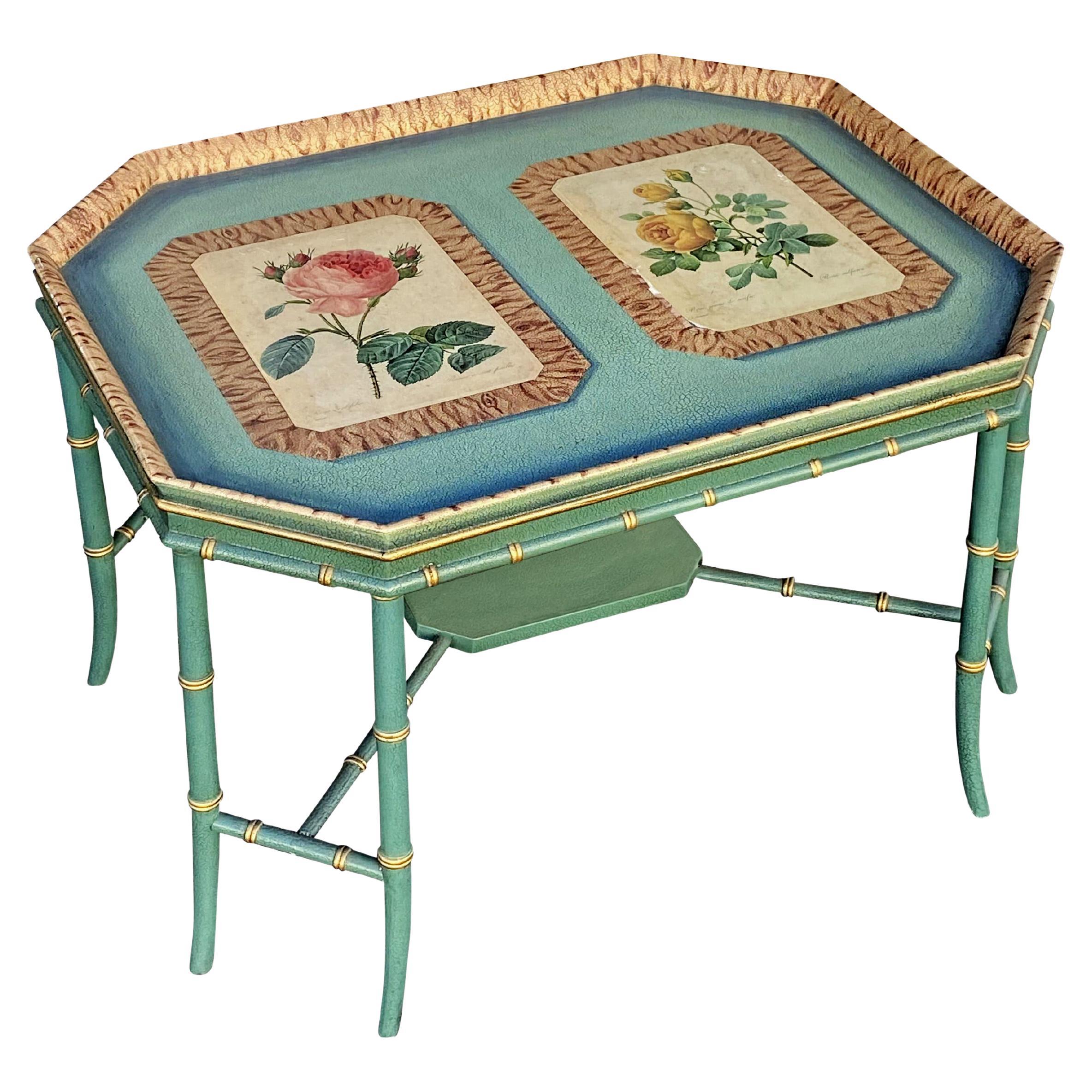 Maitland Smith Green Hand-Painted Bamboo Gilt Coffee Table