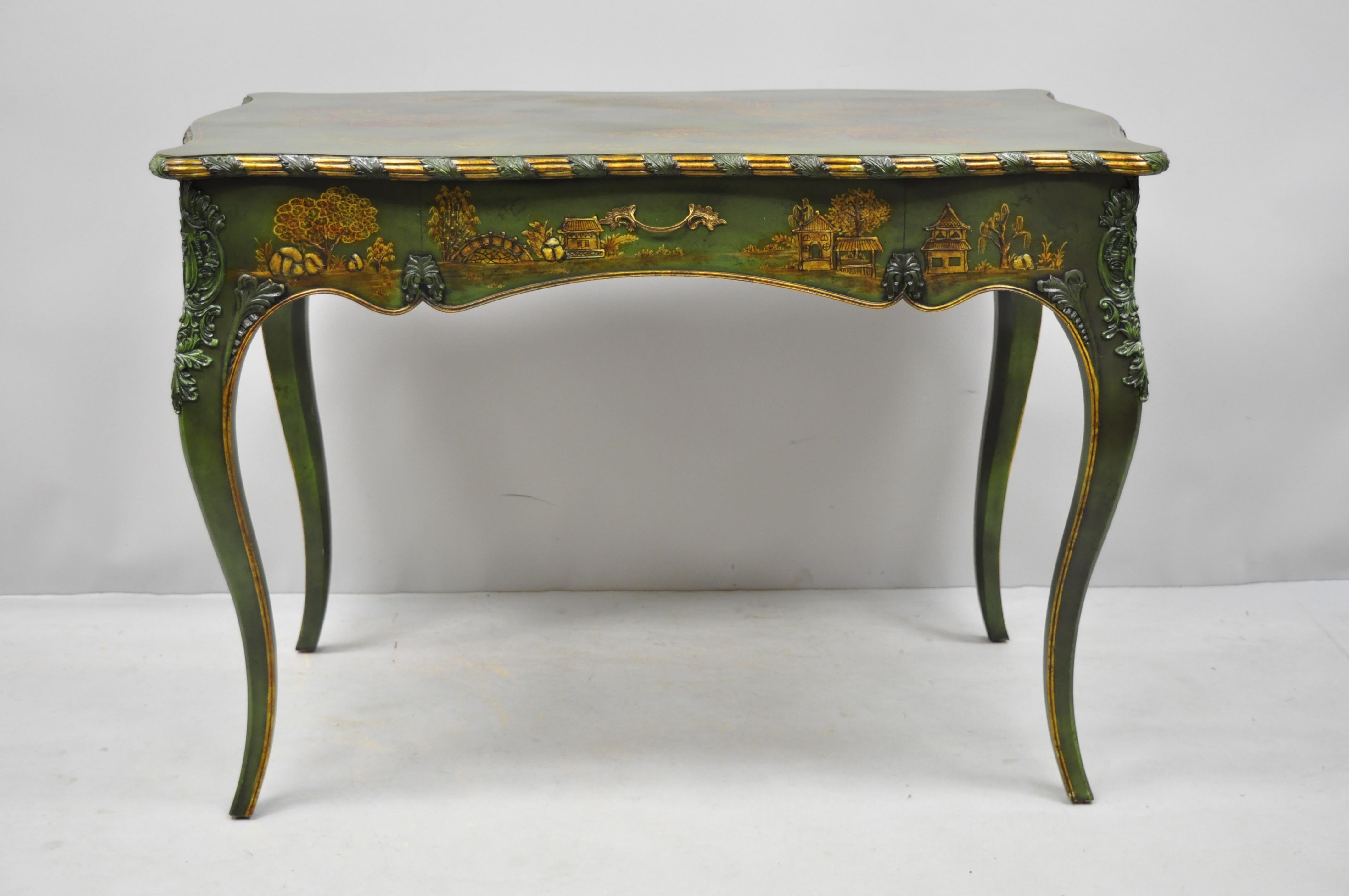 Maitland-Smith green hand painted Chinoiserie French Louis XV style desk. Item features green and gold hand painted scenes on all sides, finished back with rear false drawer, original label, cabriole legs, quality craftsmanship, great style and