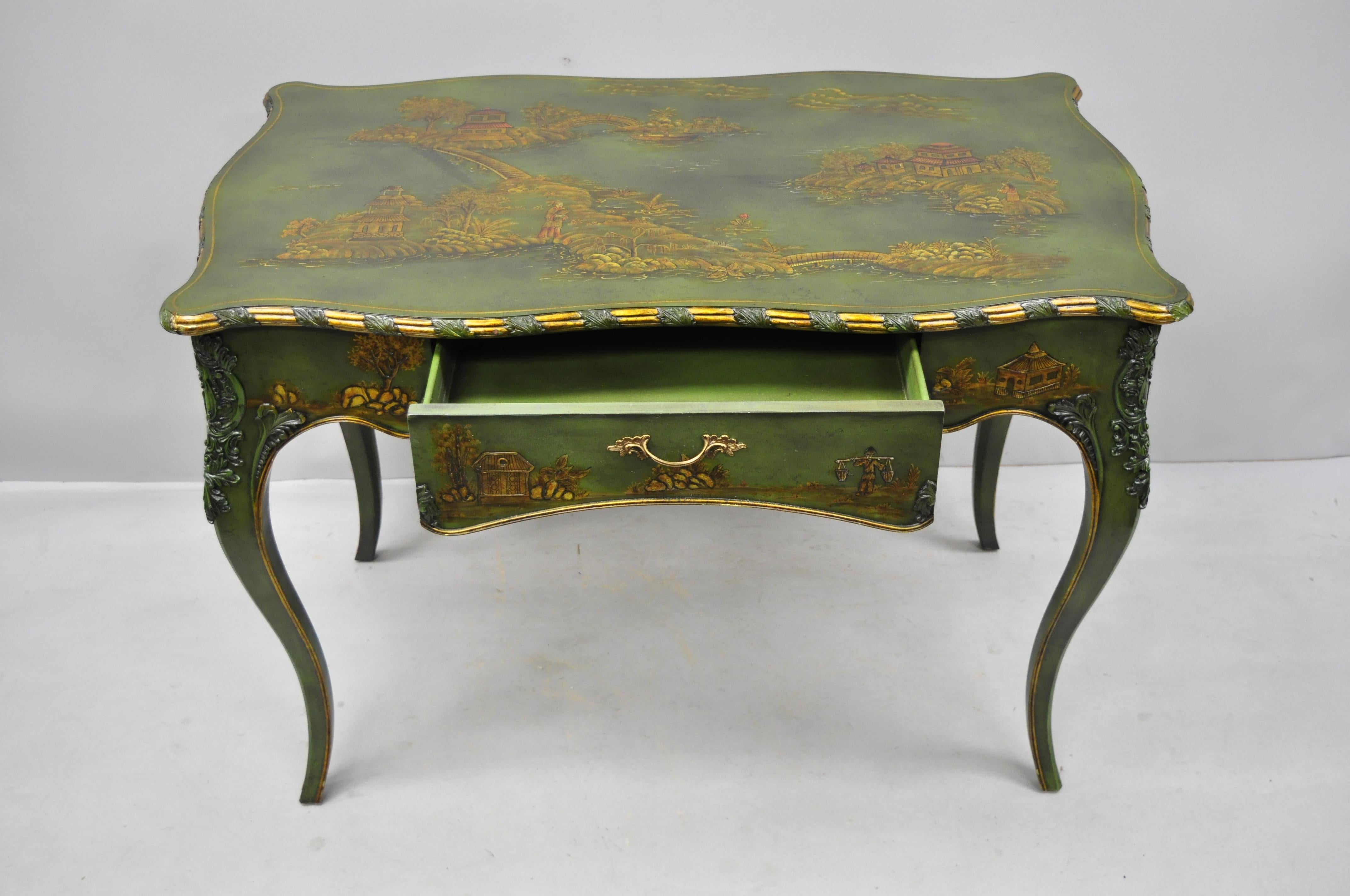 20th Century Maitland-Smith Green Hand Painted Chinoiserie French Louis XV Style Desk