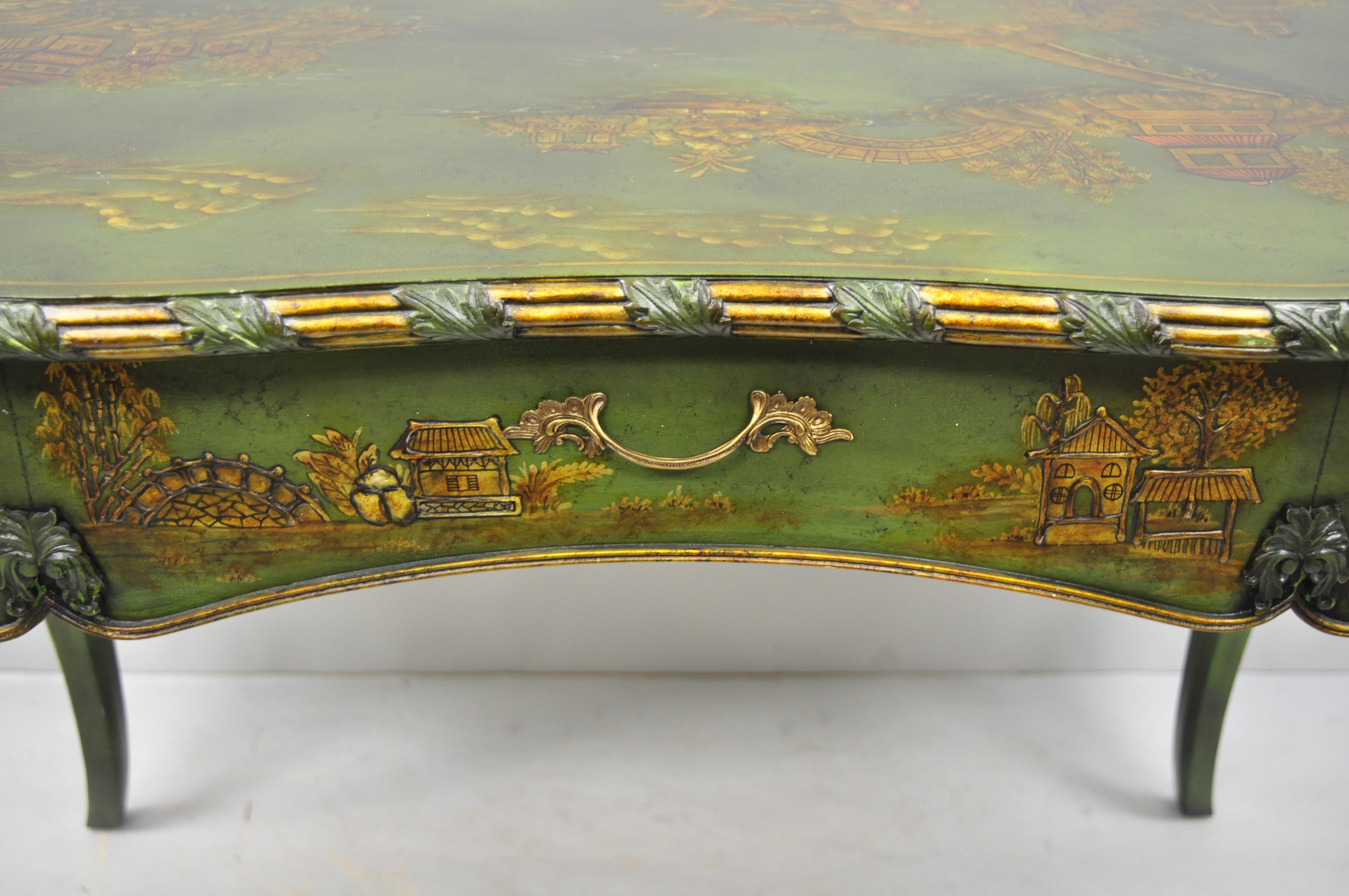 Wood Maitland-Smith Green Hand Painted Chinoiserie French Louis XV Style Desk