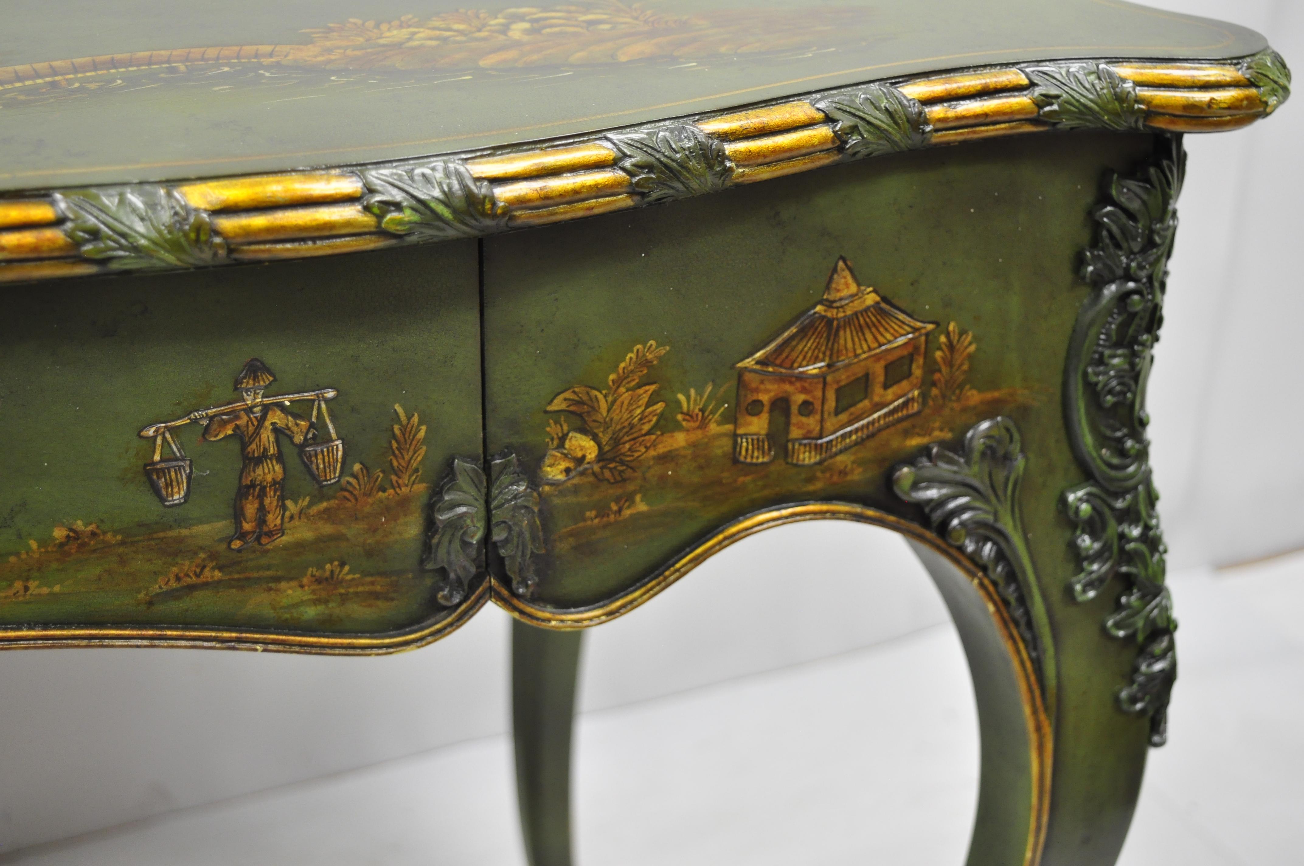 Maitland-Smith Green Hand Painted Chinoiserie French Louis XV Style Desk 1