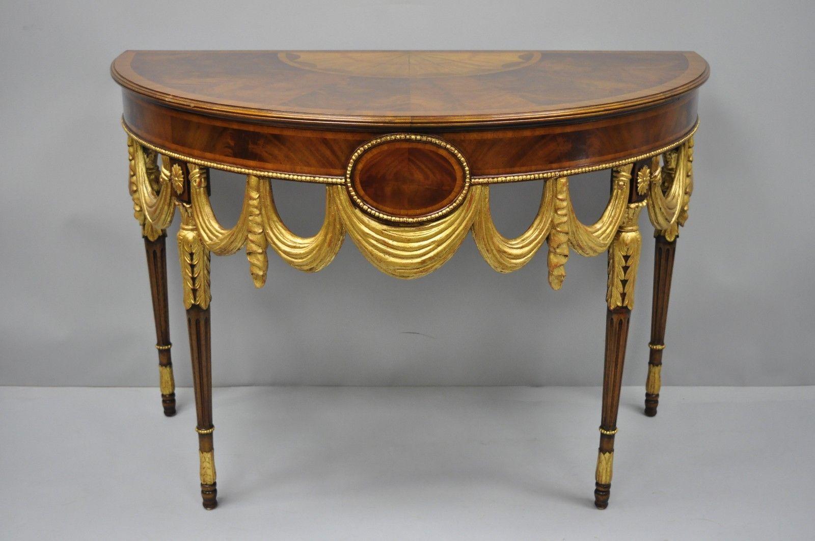 Maitland Smith Half Round Demilune Inlaid Console Table Regency Gold Gilt Drapes 4