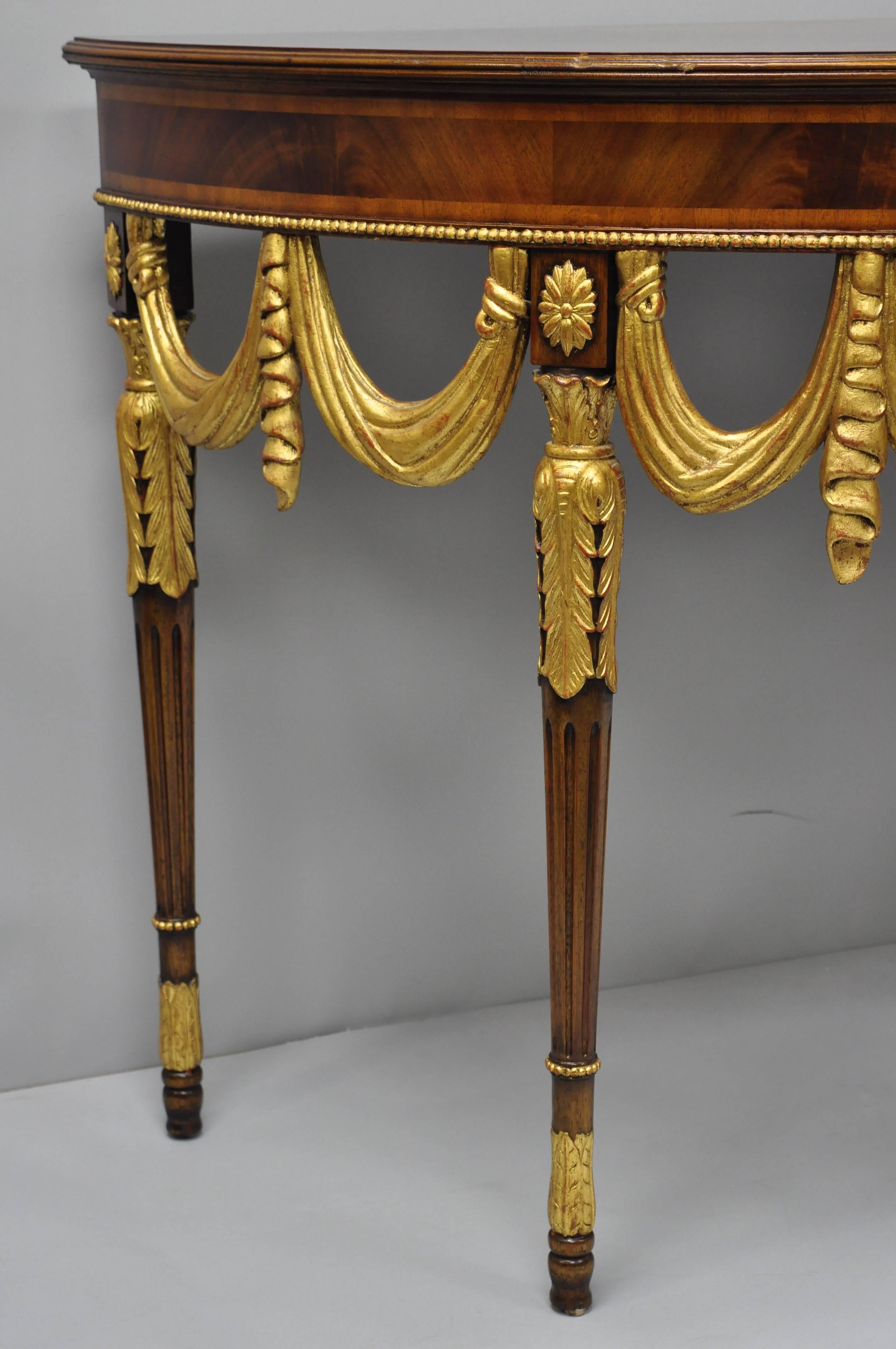 Neoclassical Maitland Smith Half Round Demilune Inlaid Console Table Regency Gold Gilt Drapes