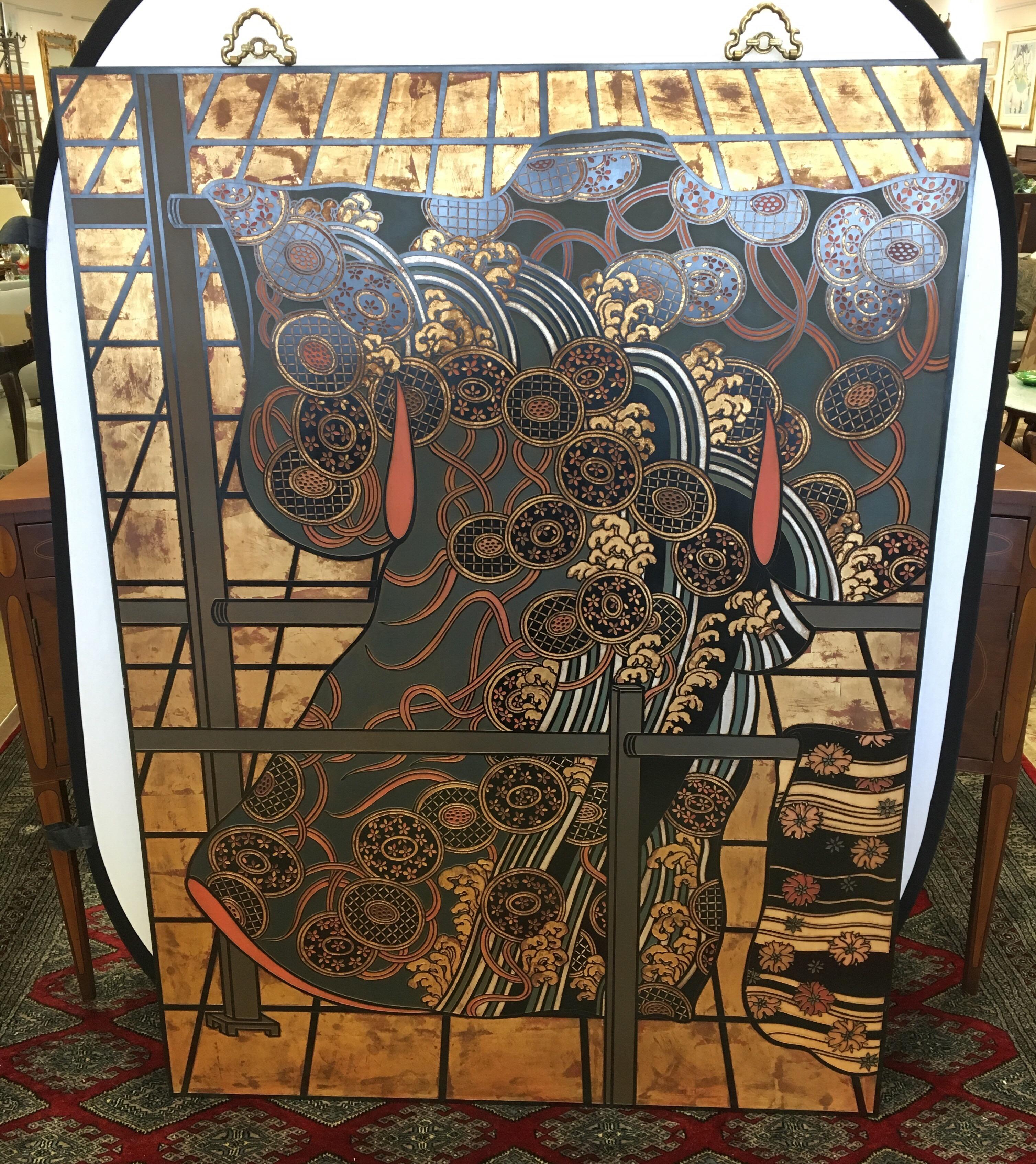 Rare, signed Maitland Smith wall hanging screen that is nothing short of magnificent. Manufactured in Hong Kong in the 1970's, this piece was purchased by one of the founders of the Parsons School of Design. The raised wooden pattern is painted in