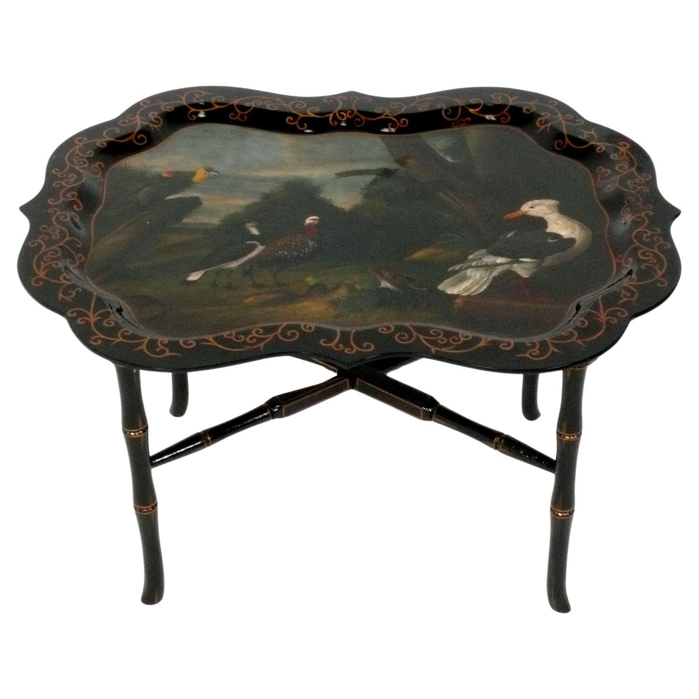 Maitland Smith Hand Painted Birds Decoration Faux Bamboo Tray Coffee Table