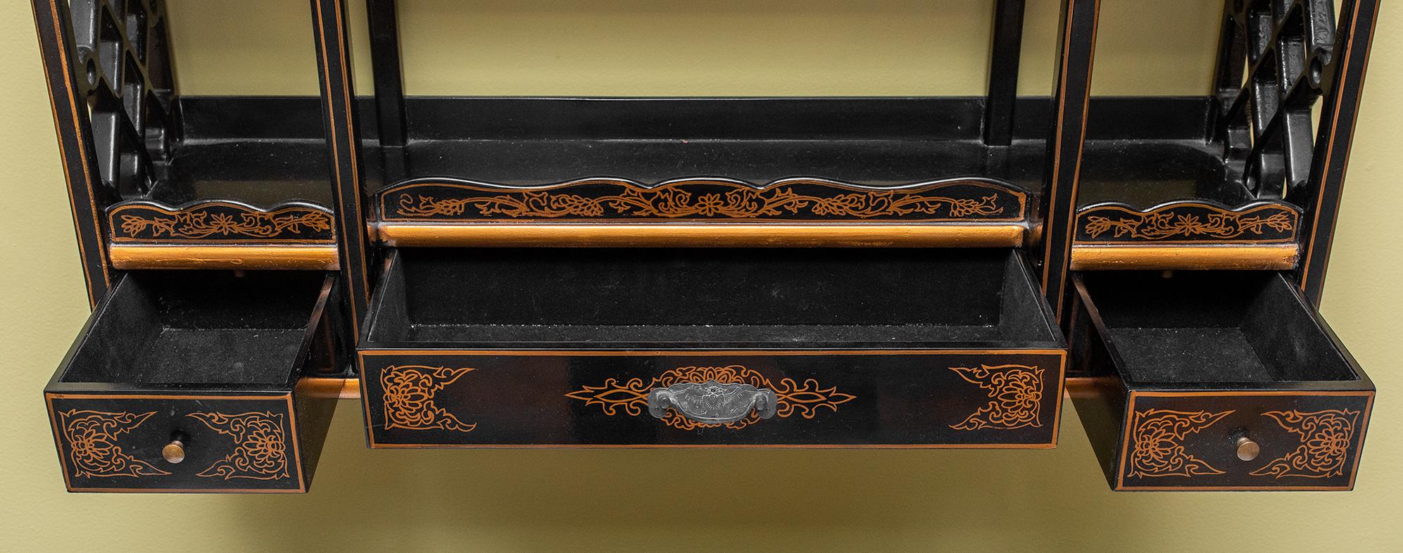 Maitland Smith Hand Painted Black Chinese Chinoiserie Wall Shelf In Good Condition In New York, NY