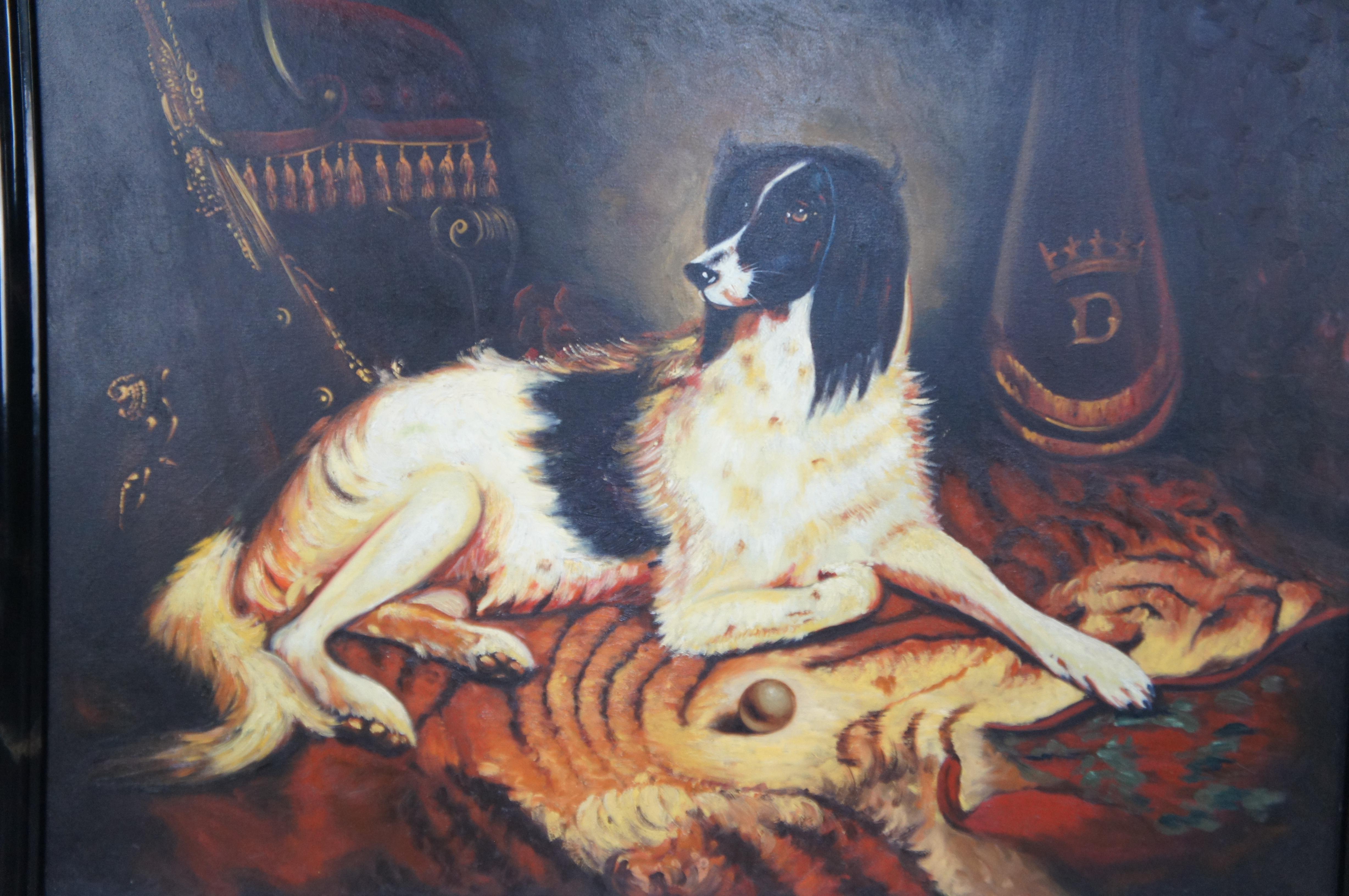 20ième siècle Maitland Smith Portrait de chien de chasse peint à la main Peinture à l'huile Cadre marbré 58