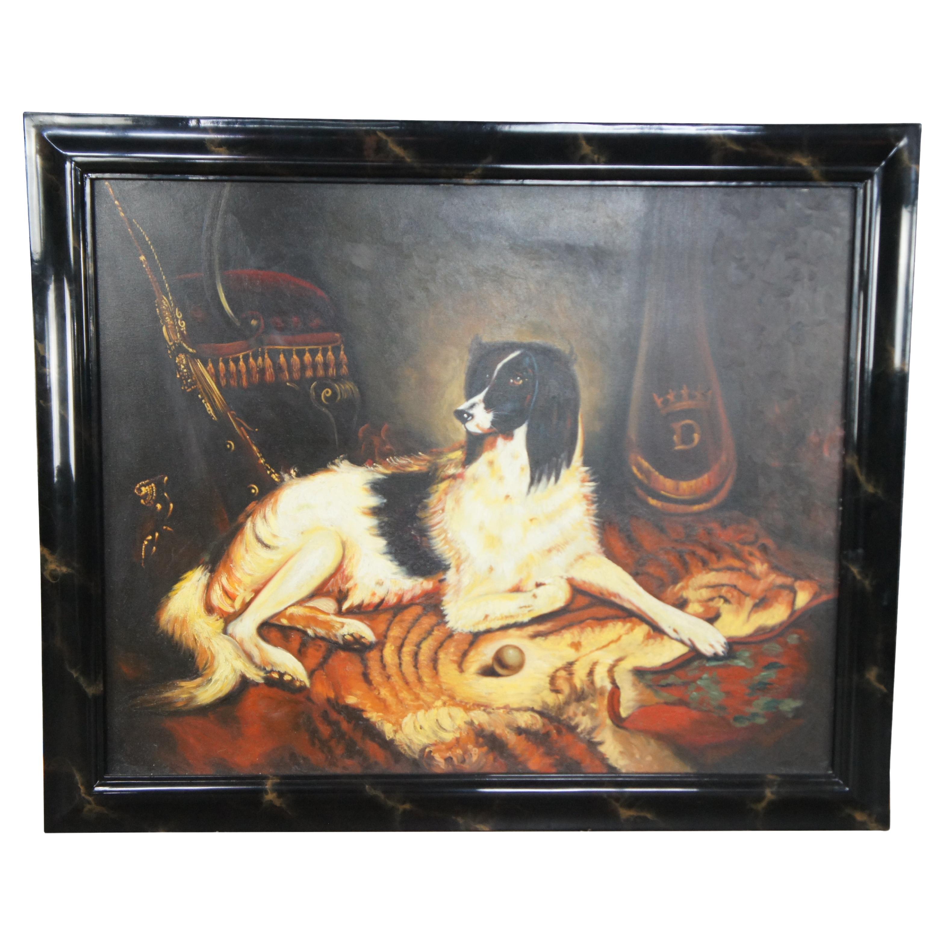 Maitland Smith Hand Painted Hunting Dog Portrait Oil Painting Marbled Frame 58"