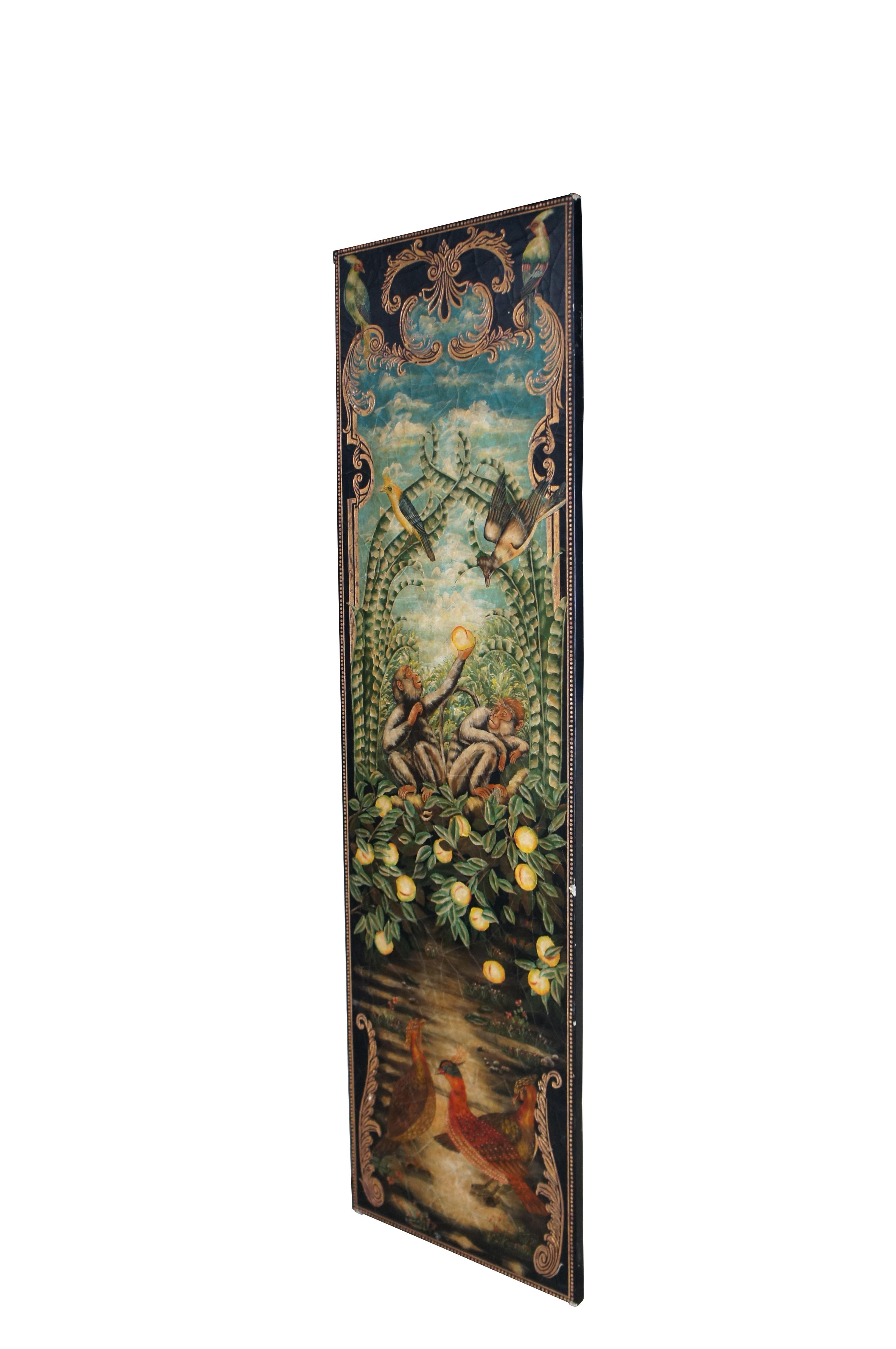 Hand painted Maitland Smith Coromandel wall panel.  Features a crackled landscape with monkeys holding peaches in a tropical setting amongst birds.  Set within a black and gold neoclassical border. 

Dimensions:
24