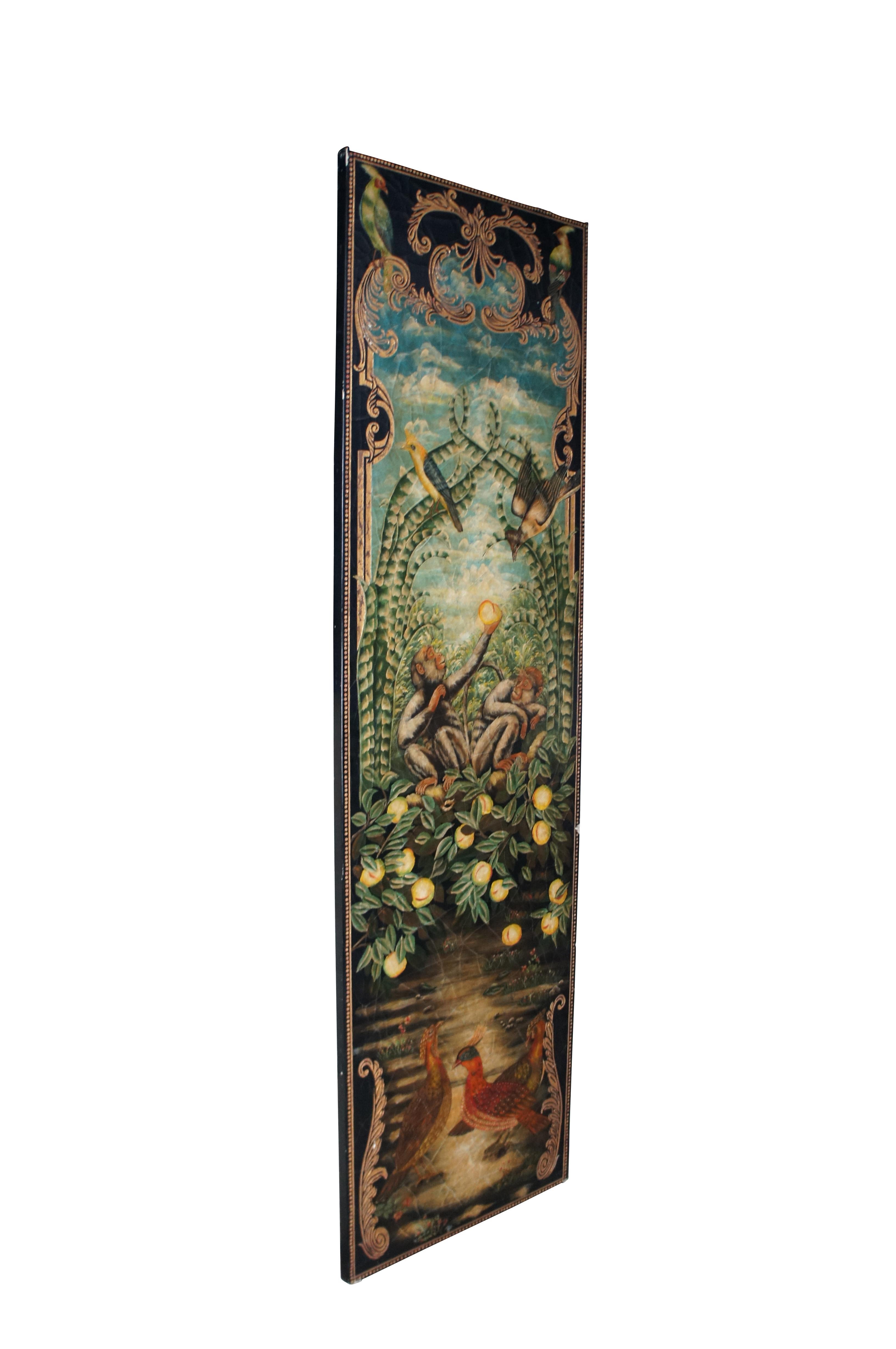 British Colonial Maitland Smith Painted Monkey Landscape Crackled Coromandel Wall Panel 72