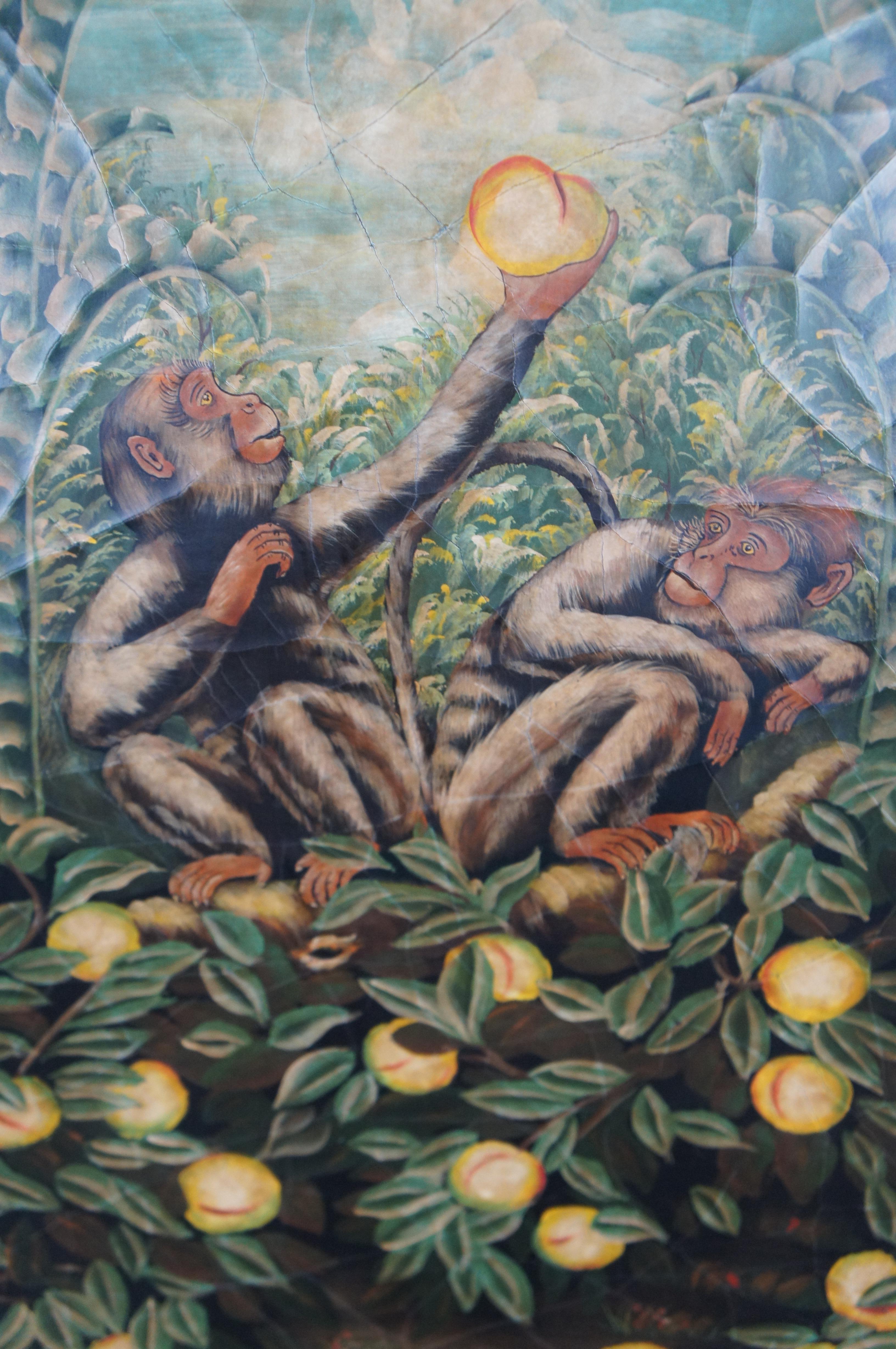 Maitland Smith Painted Monkey Landscape Crackled Coromandel Wall Panel 72