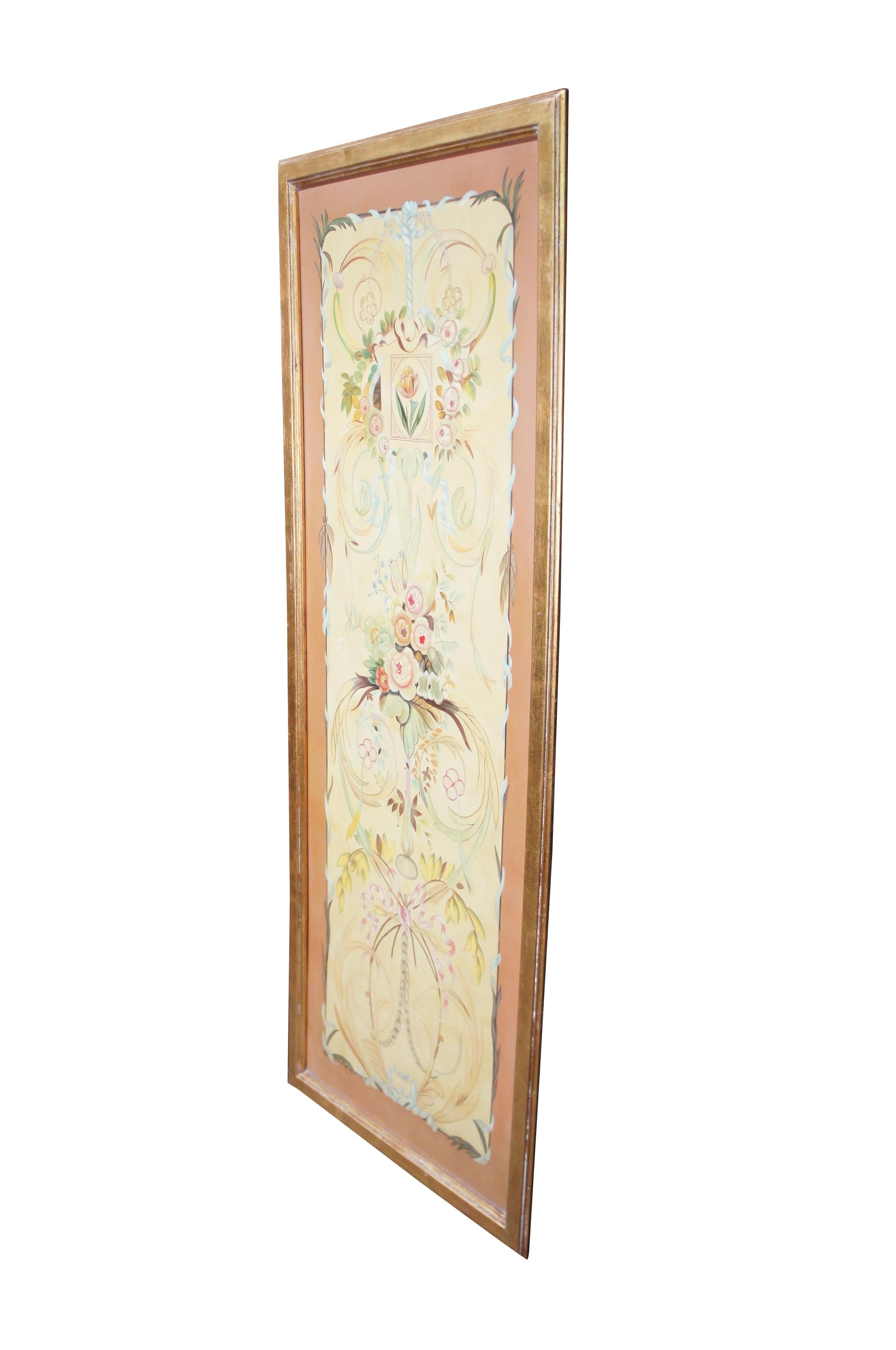 A large impressive hand painted wooden panel by Maitland Smith, circa 1990s. Features Neoclassical and French styling with floral sprays, ribbons and scrolled designs.  Framed in antique gold over red.  Signed along the back.

Dimensions:
27