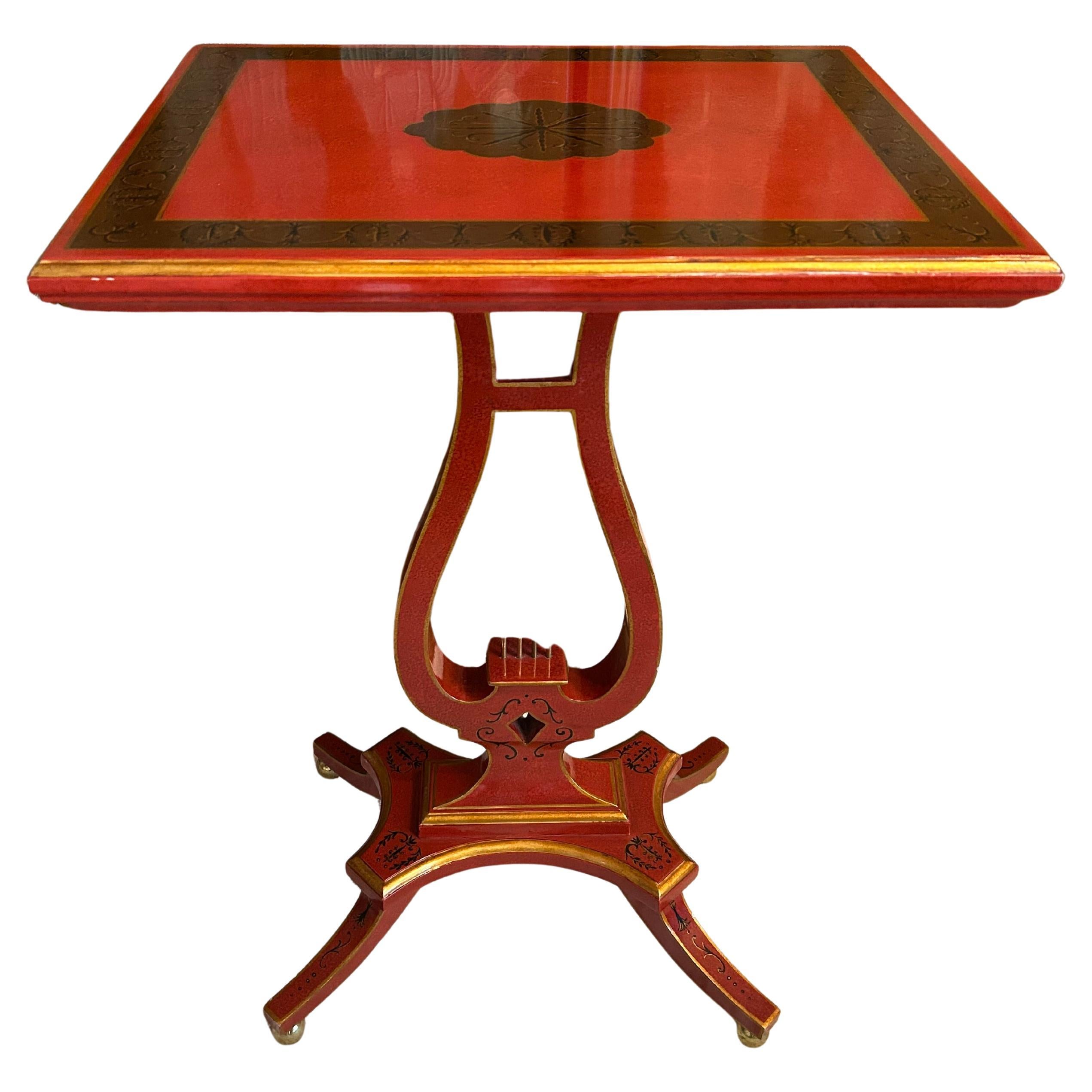 Table d'appoint à motif de lyre rouge peinte à la main Maitland Smith en vente