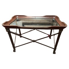 Maitland Smith Handsome Leather & Glass Top Coffee Table with Bronze Finish Base