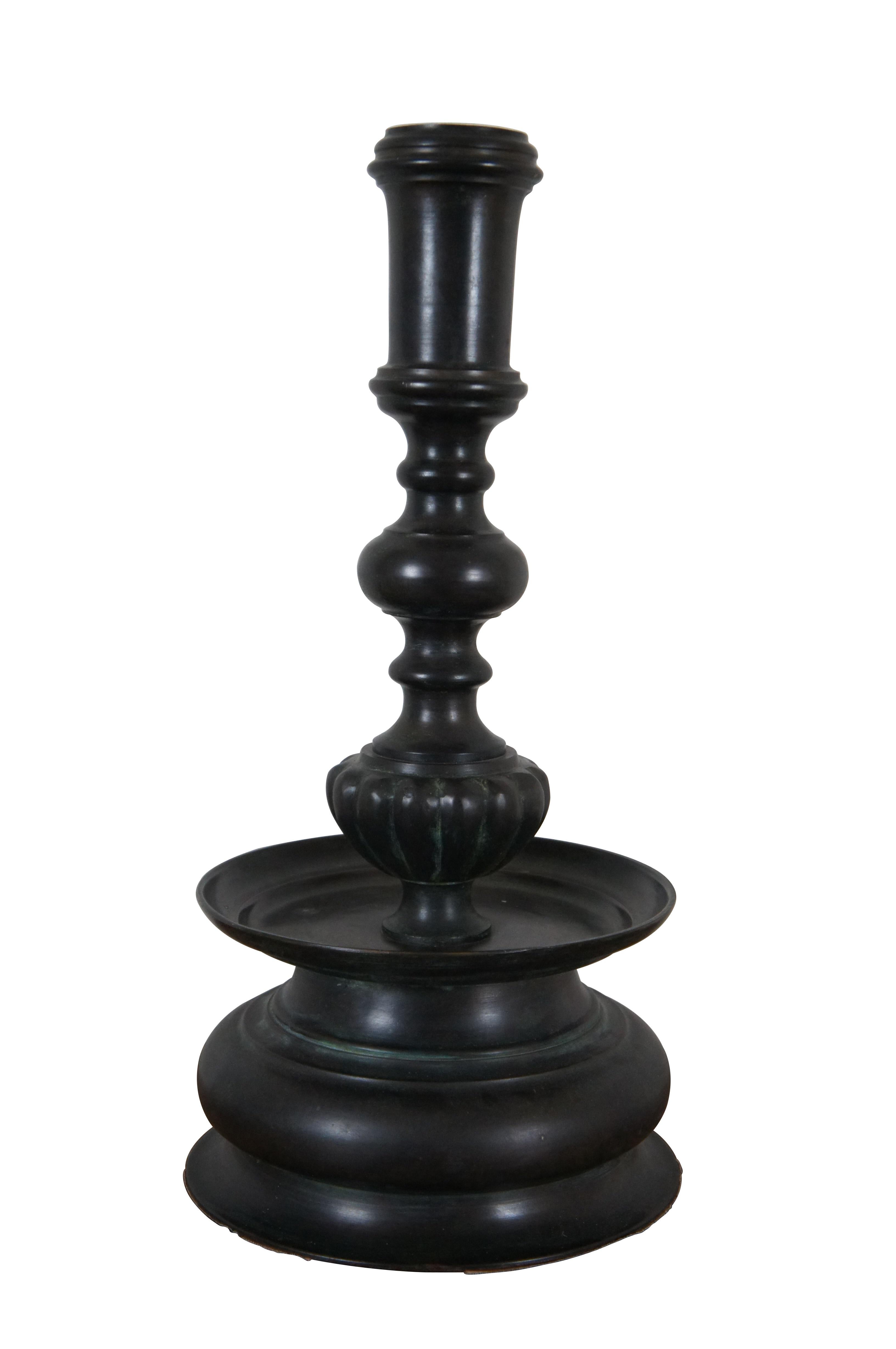 Monumental vintage heavy bronze altar / colonial style candle holder / candlestick, produced by Maitland Smith. Holds a 3” pillar candle (one included). Designed and Handmade in Thailand.

Dimensions:
10.5