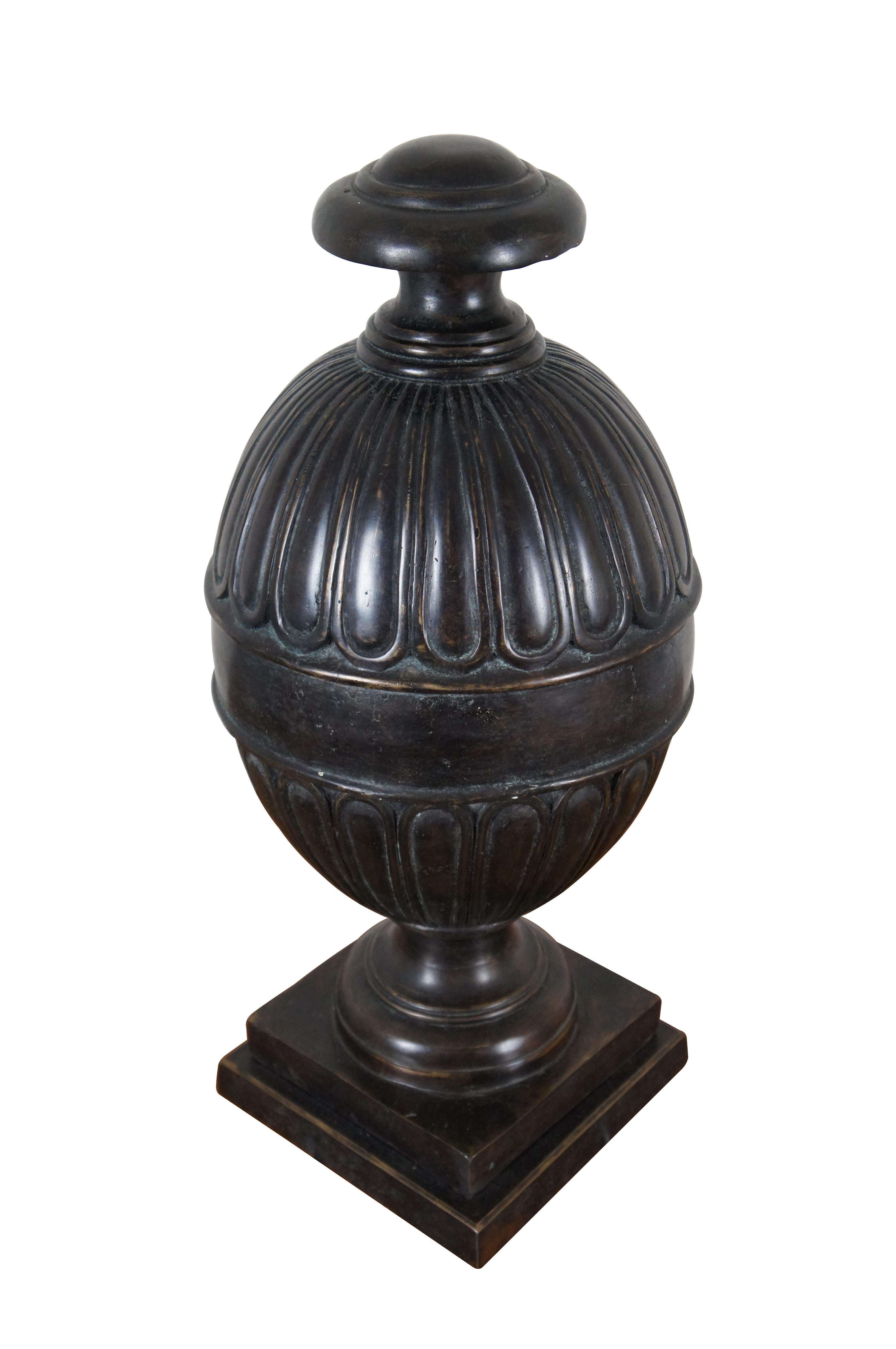 Vintage heavy Maitland Smith bronze mantel urn / vase or compote featuring Neoclassical style with a footed pedestal base supporting an egg shaped box / jar.

Dimensions:
9.75