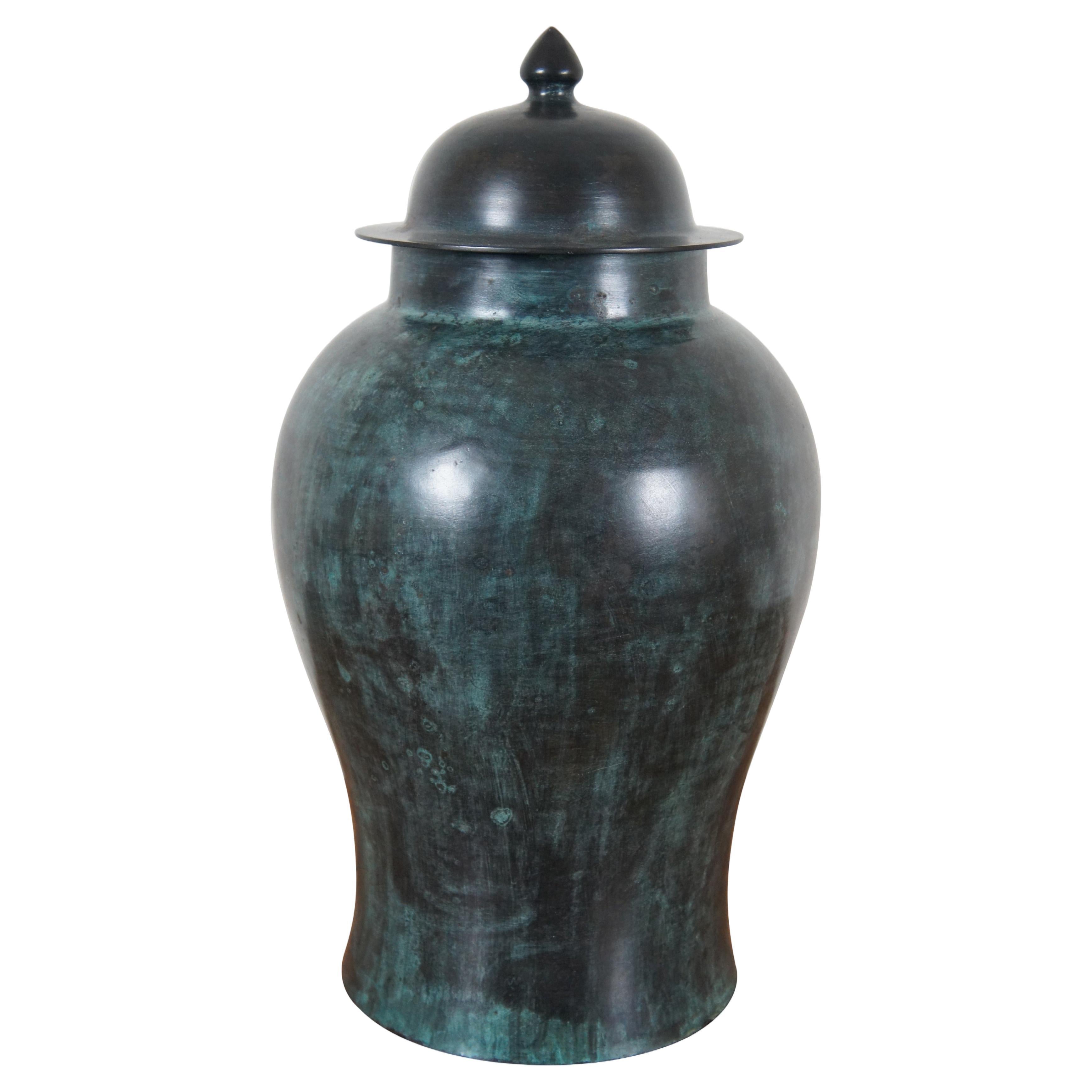 Maitland Smith Heavy Bronze Lidded Mantel Urn Vase Ginger Jar 19" For Sale