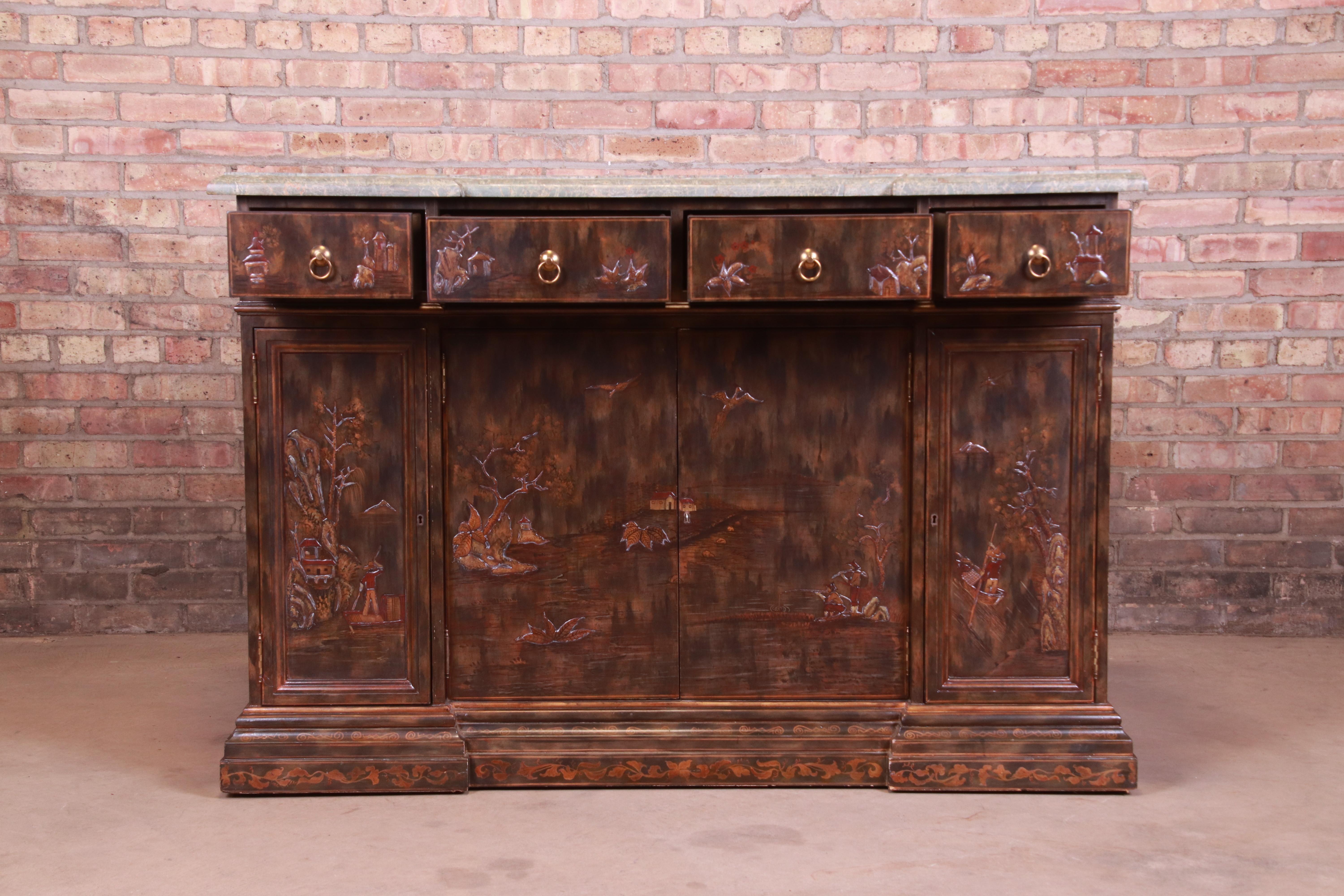 Maitland Smith Hollywood Regency Chinoiserie Marble-Top Sideboard or Bar Cabinet 8
