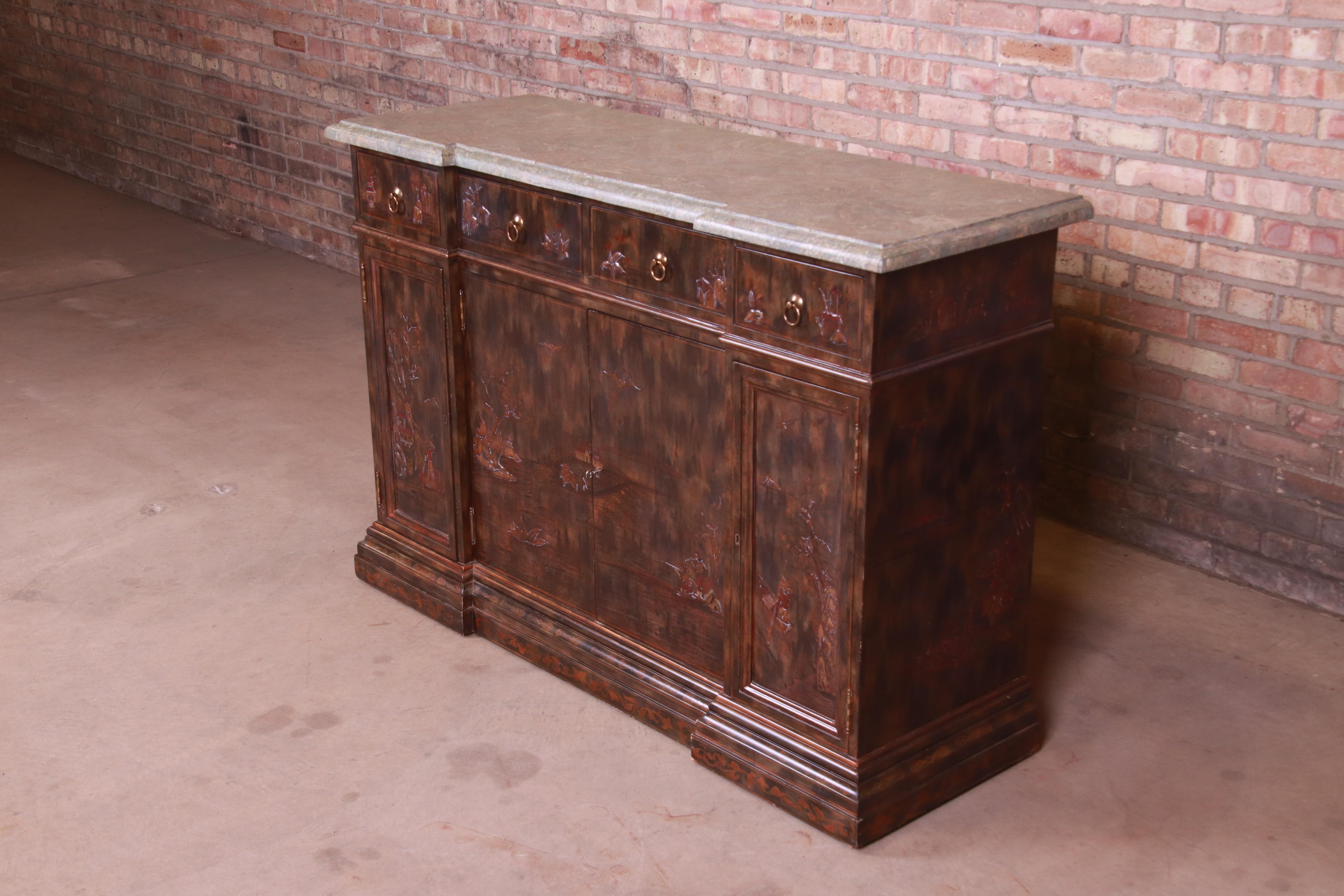 Maitland Smith Hollywood Regency Chinoiserie Marble-Top Sideboard or Bar Cabinet In Good Condition In South Bend, IN