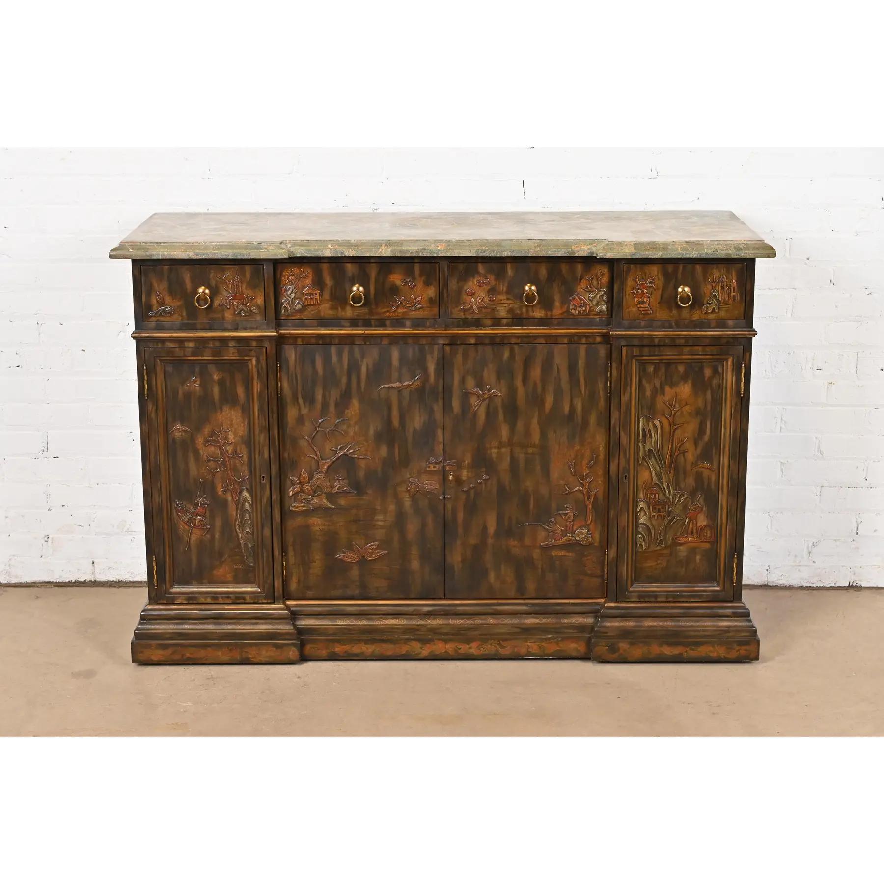 Maitland Smith Hollywood Regency Chinoiserie-Sideboard oder Barschrank mit Marmorplatte (amerikanisch) im Angebot