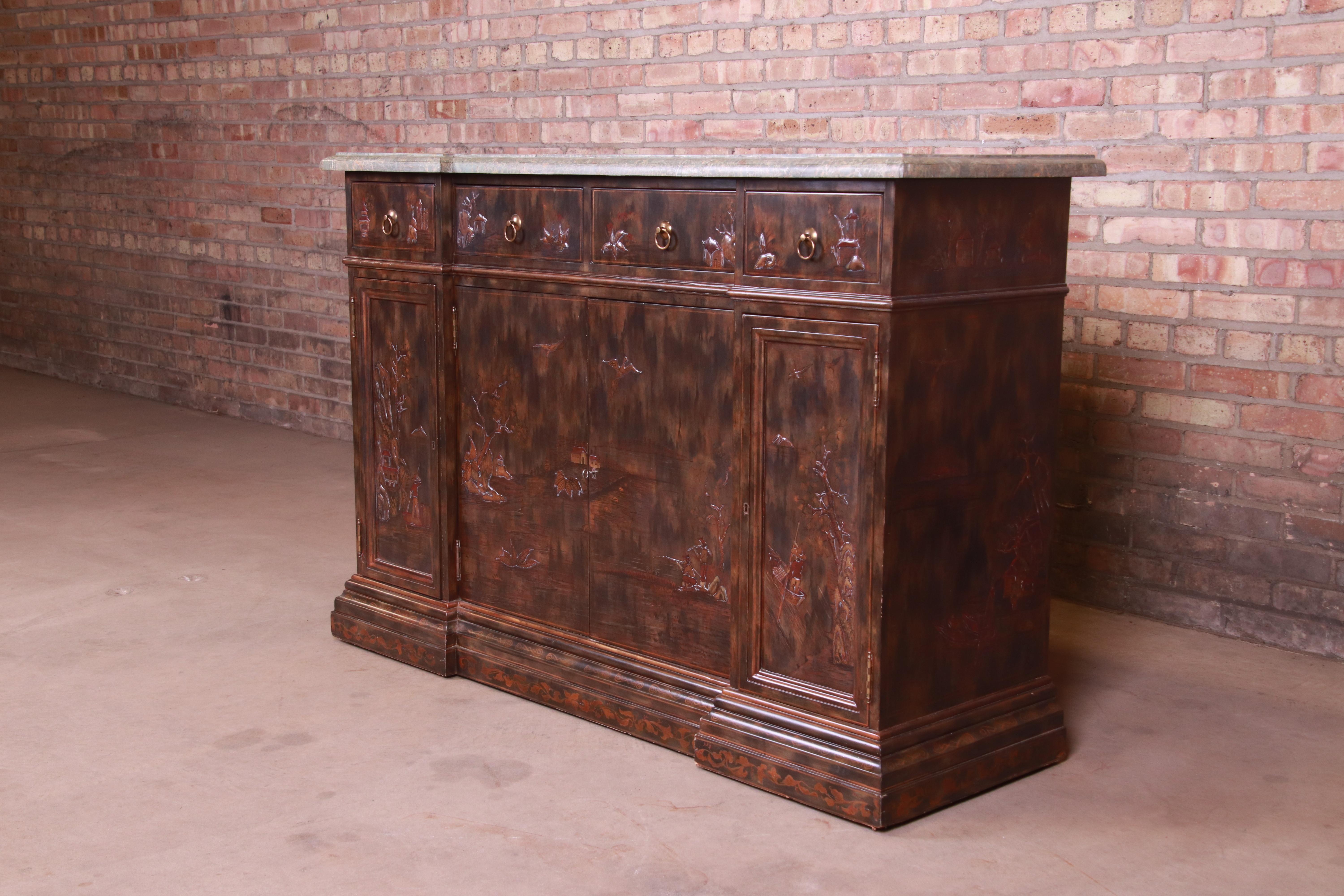 20th Century Maitland Smith Hollywood Regency Chinoiserie Marble-Top Sideboard or Bar Cabinet