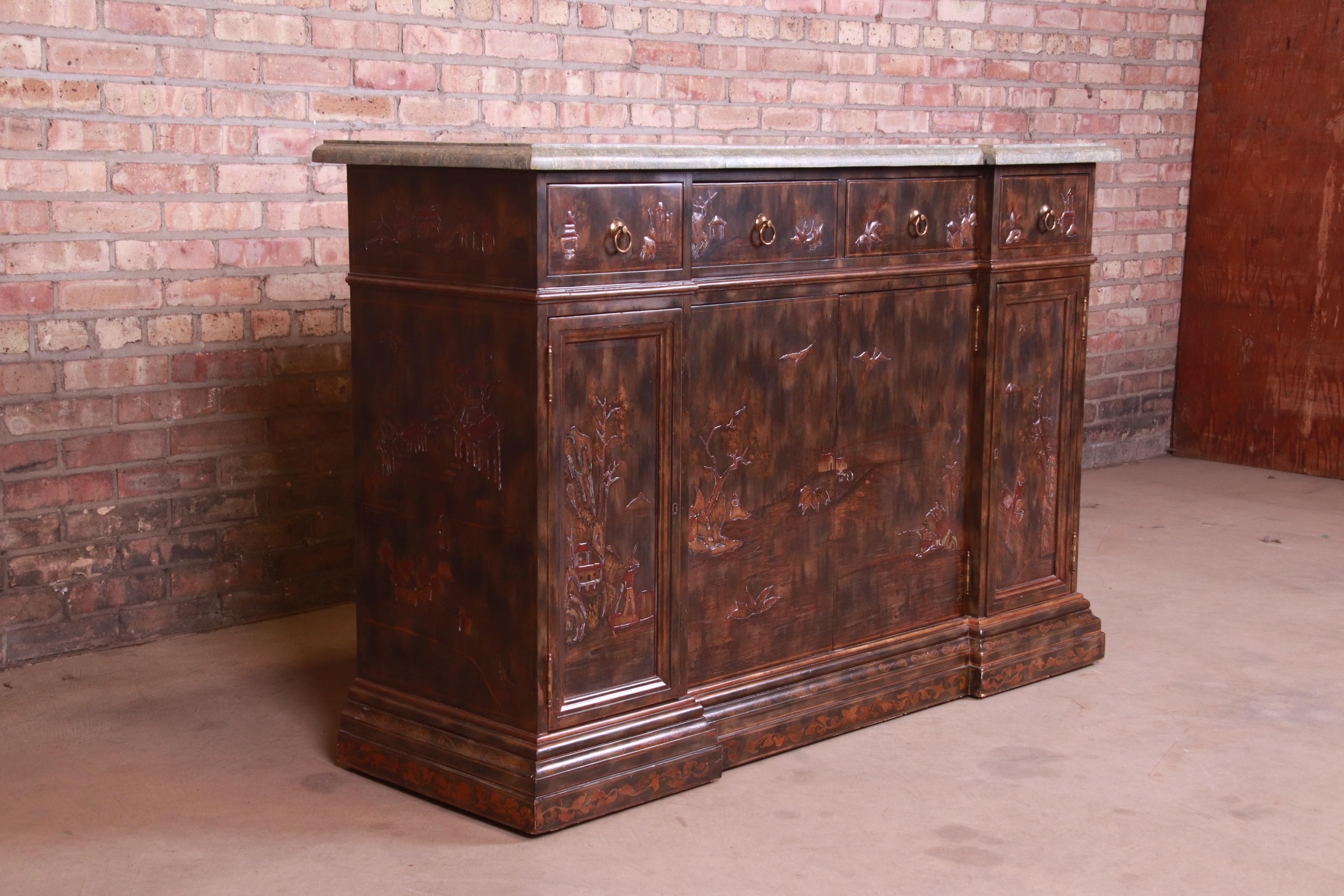 Maitland Smith Hollywood Regency Chinoiserie Marble-Top Sideboard or Bar Cabinet 1