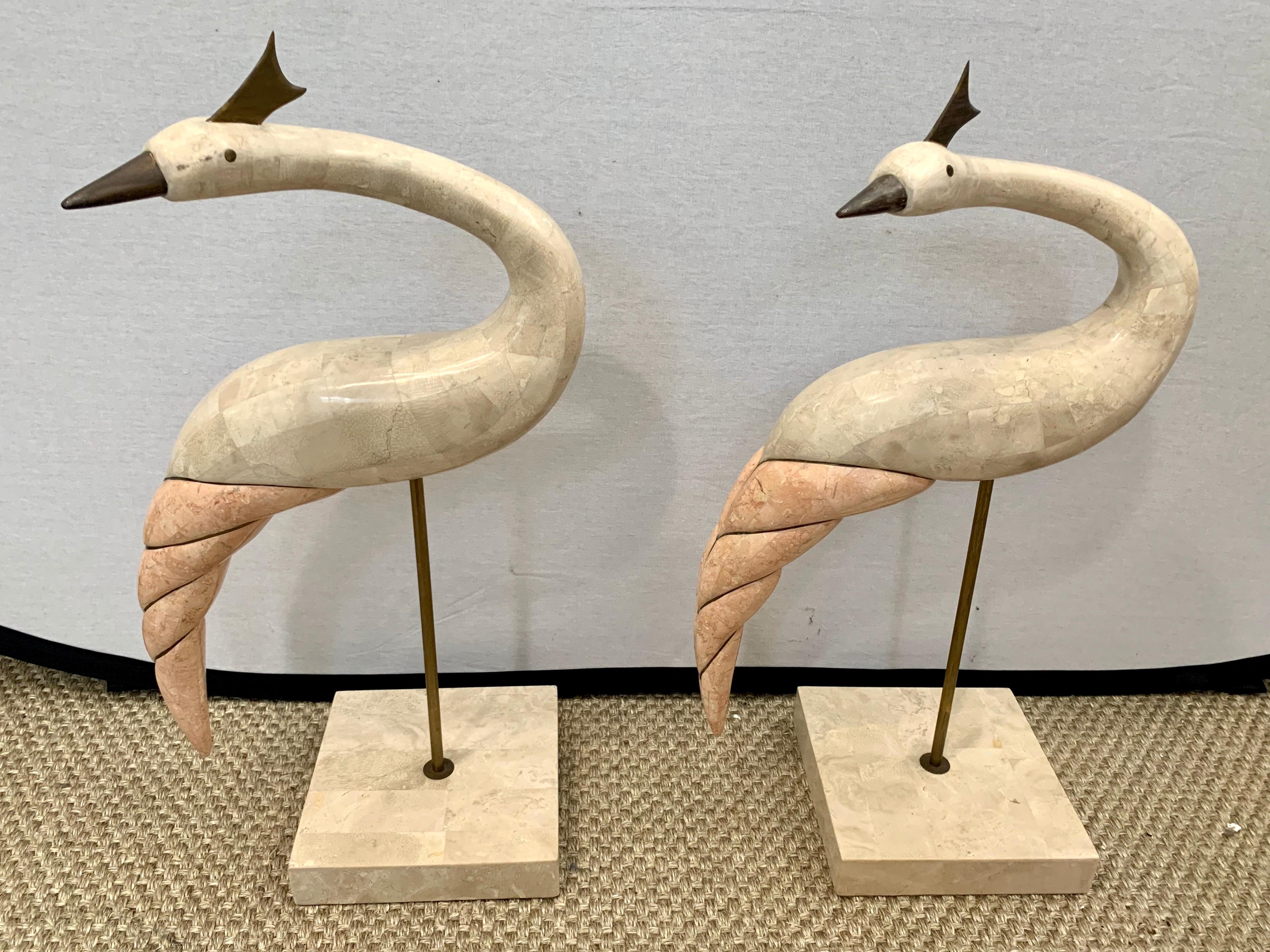 Maitland Smith Hollywood Regency Tessellated Stone and Brass Bird Sculptures 1