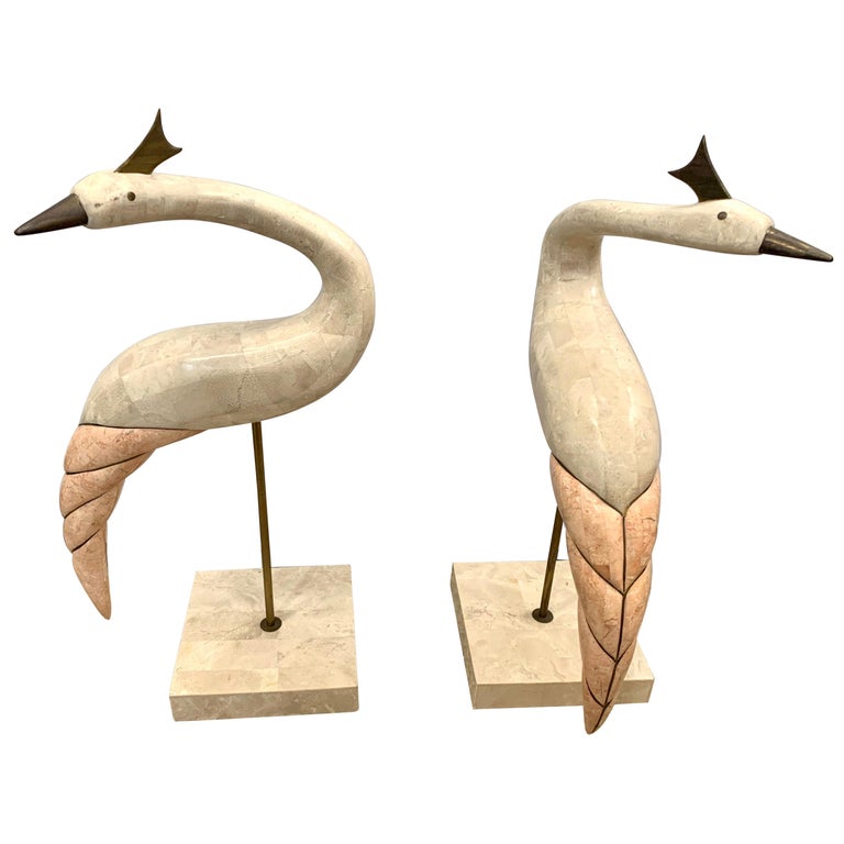 Maitland Smith Hollywood Regency Tessellated Stone and Brass Bird Sculptures For Sale