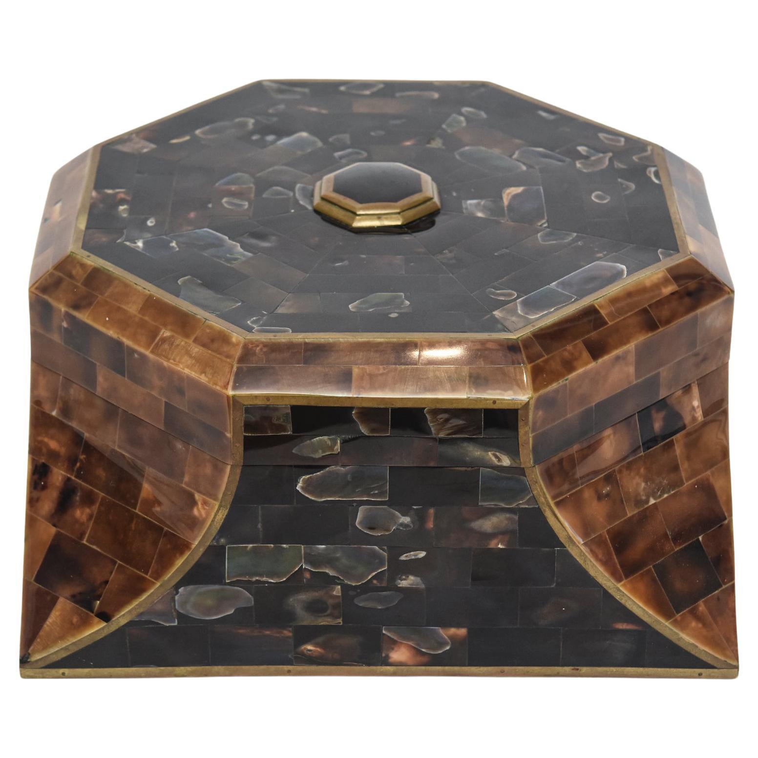 Maitland Smith Horn, Abalone and Wood Hinged Octagonal Box Vintage Rare
