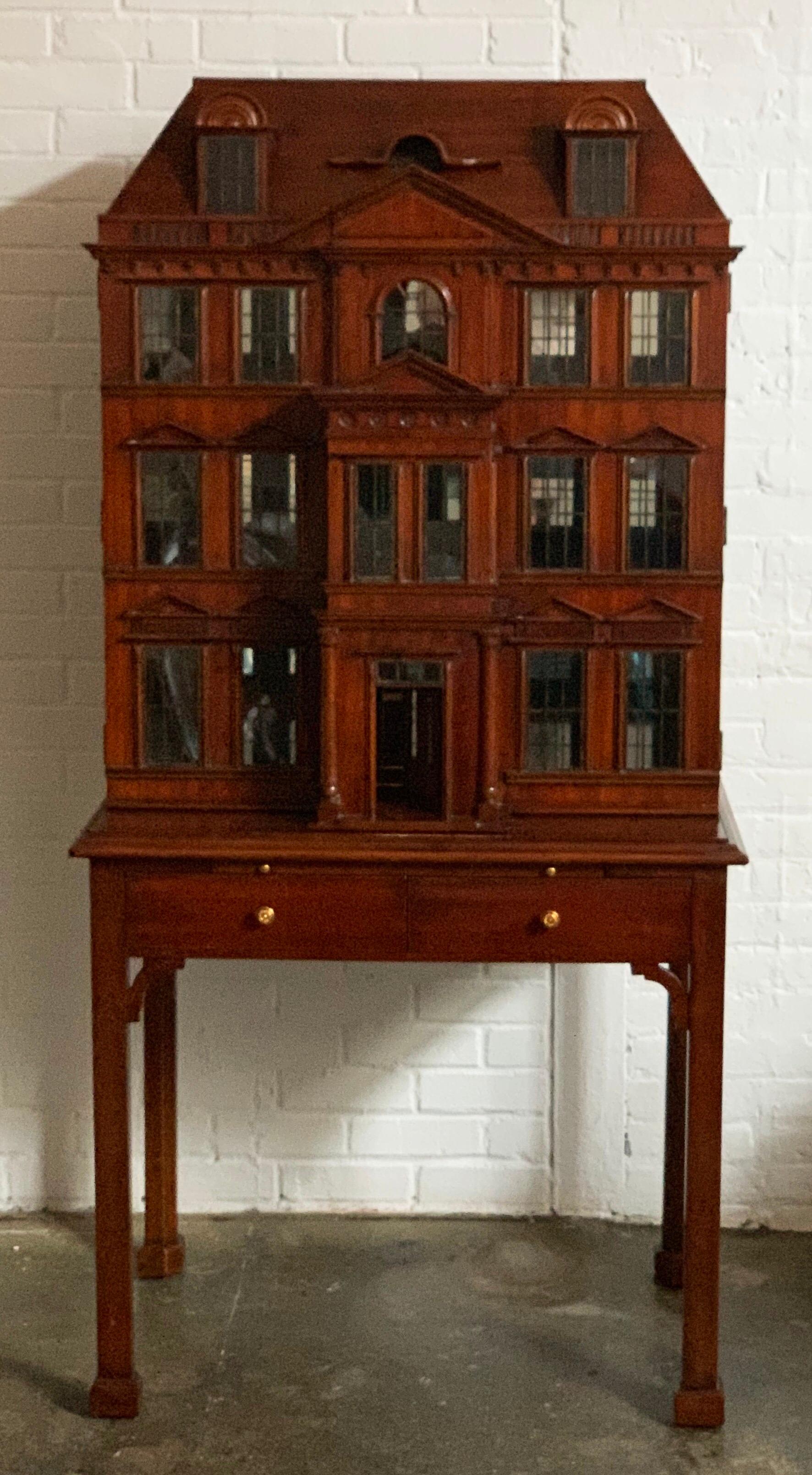 Maitland Smith Iconic Postmodern Victorian Dollhouse Bar Cabinet Cupboard. Incredible detail with glass windows, copper mullions and hand carved architectural details. Heavy glass interior shelf. Embossed leather slide. Illuminated with dimmer!  