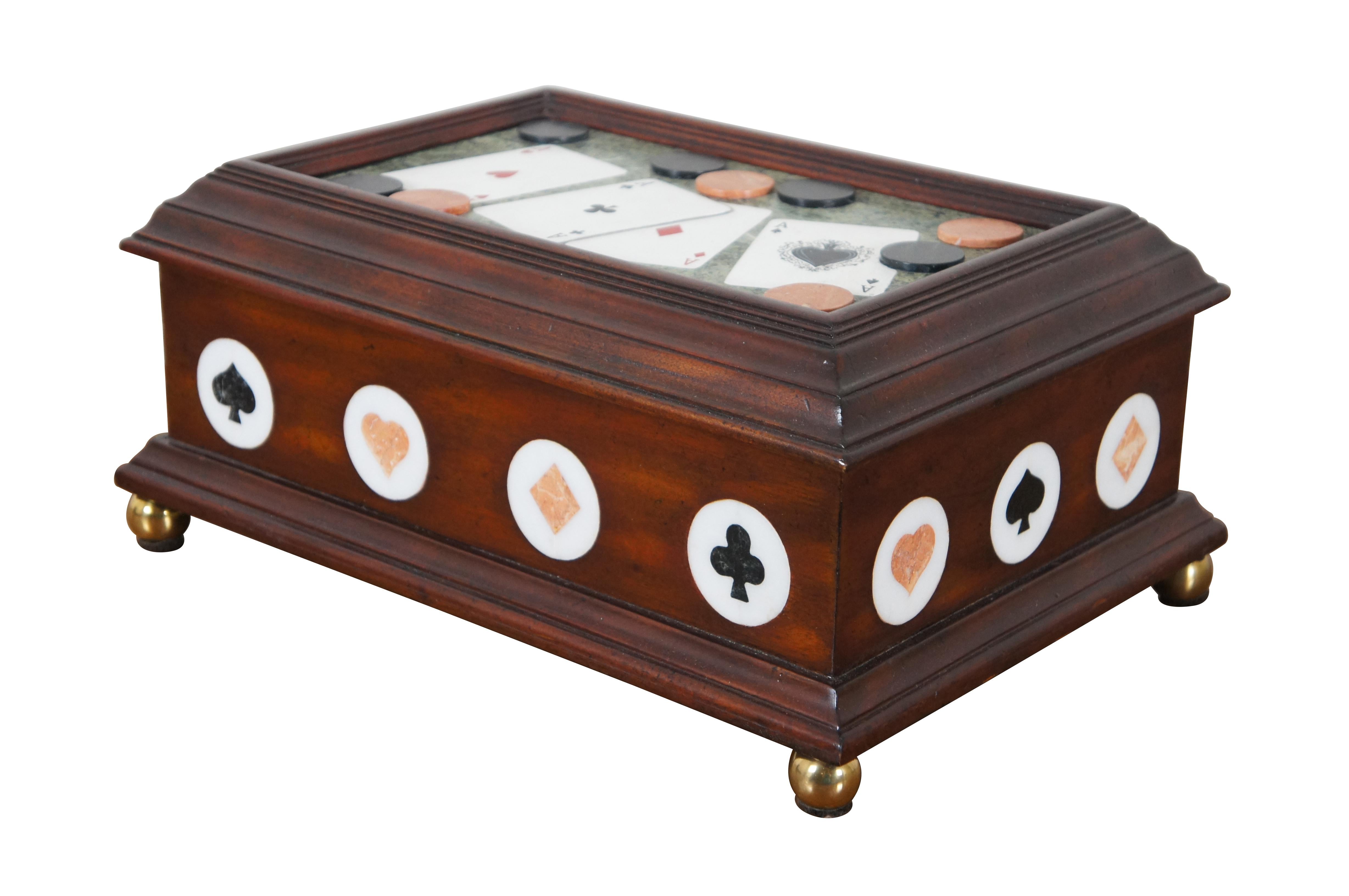 Vintage Maitland Smith trinket / keepsake / jewelry box / casket, crafted of mahogany with inlaid marble / stone details including the four playing card suits along each side and an inset three dimensional top showing four painted aces and a handful