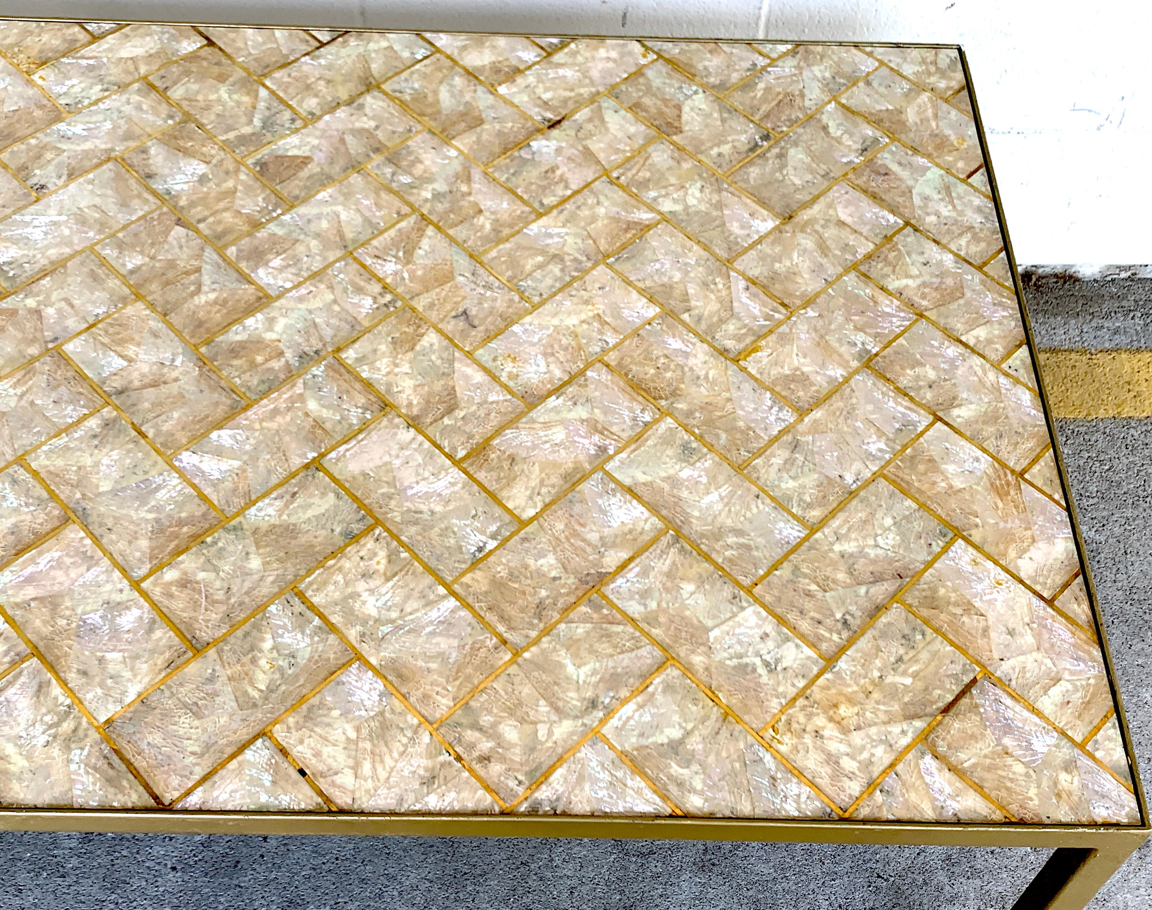 Brass Maitland-Smith Inlaid Capiz Shell Coffee Table For Sale