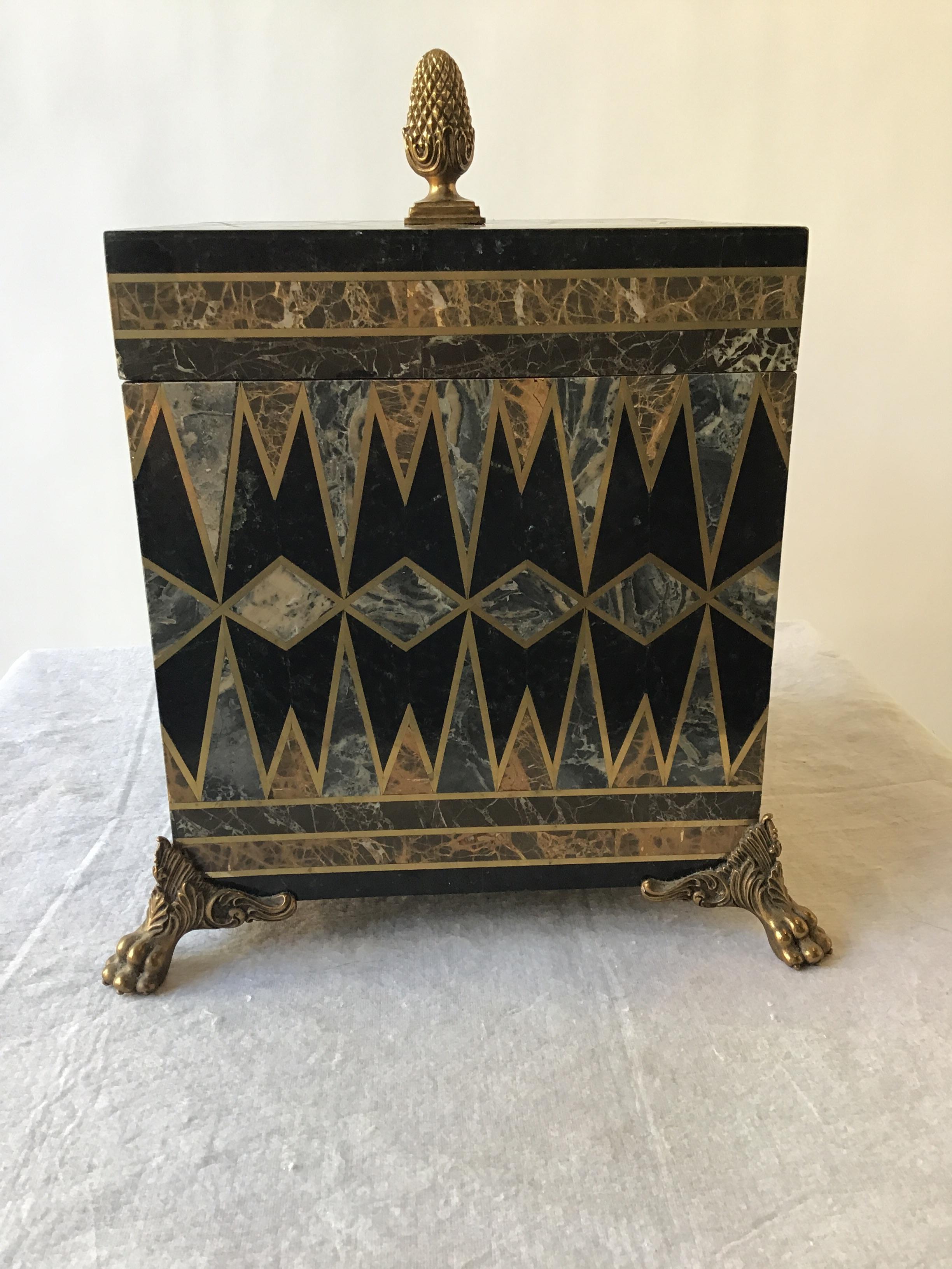 Late 20th Century Maitland Smith Inlaid Marble and Brass Box