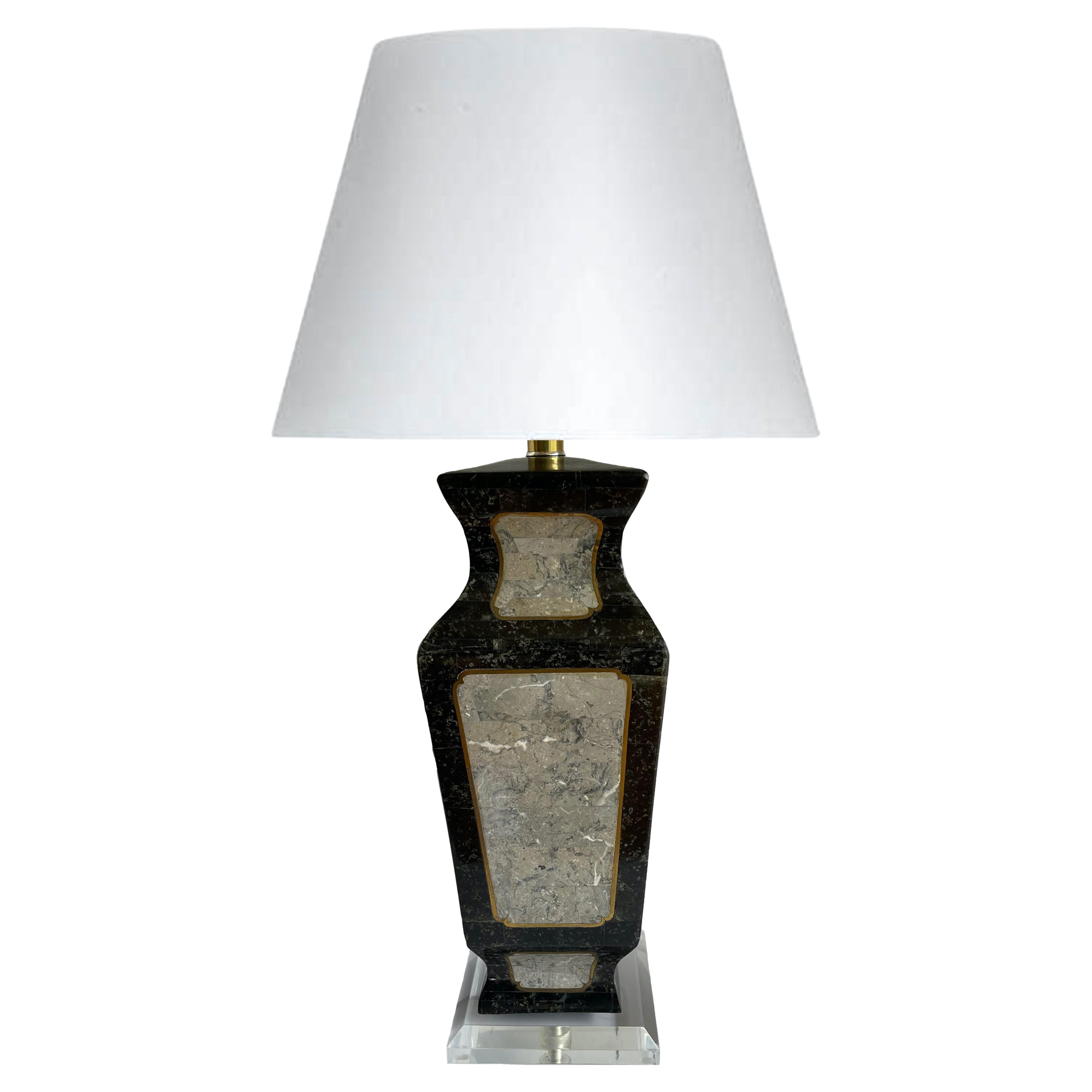 Maitland-Smith Inlaid Stone & Brass Table Lamp For Sale