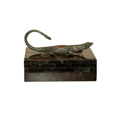 Maitland Smith  Inlaid Verde Marble Box W/ Bronze Lizard Handle