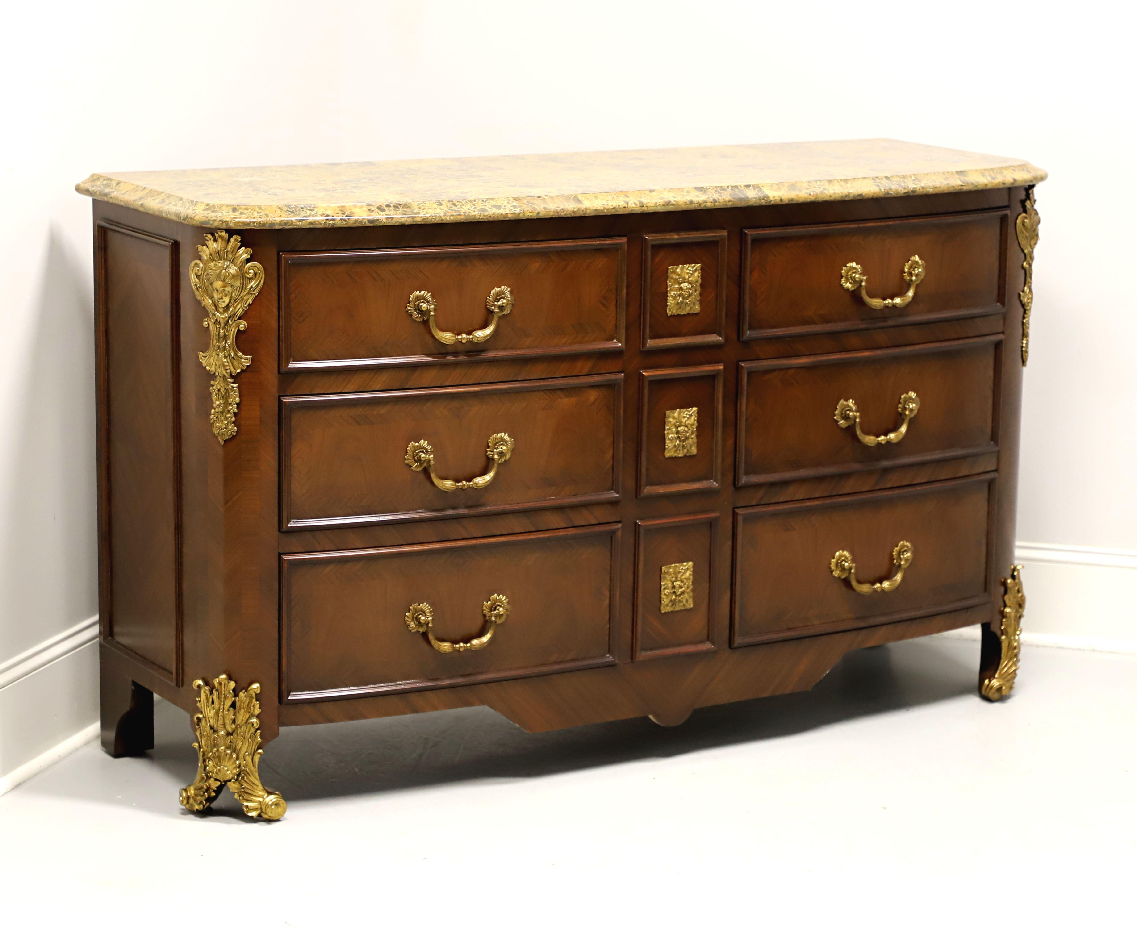 A French Regency style occasional chest by Maitland Smith. Walnut with inlaid parquetry design, fixed cultured marble top with ogee edge, brass hardware, decorative brass ormolu ornamentation to center, corners and front feet. Features six same size