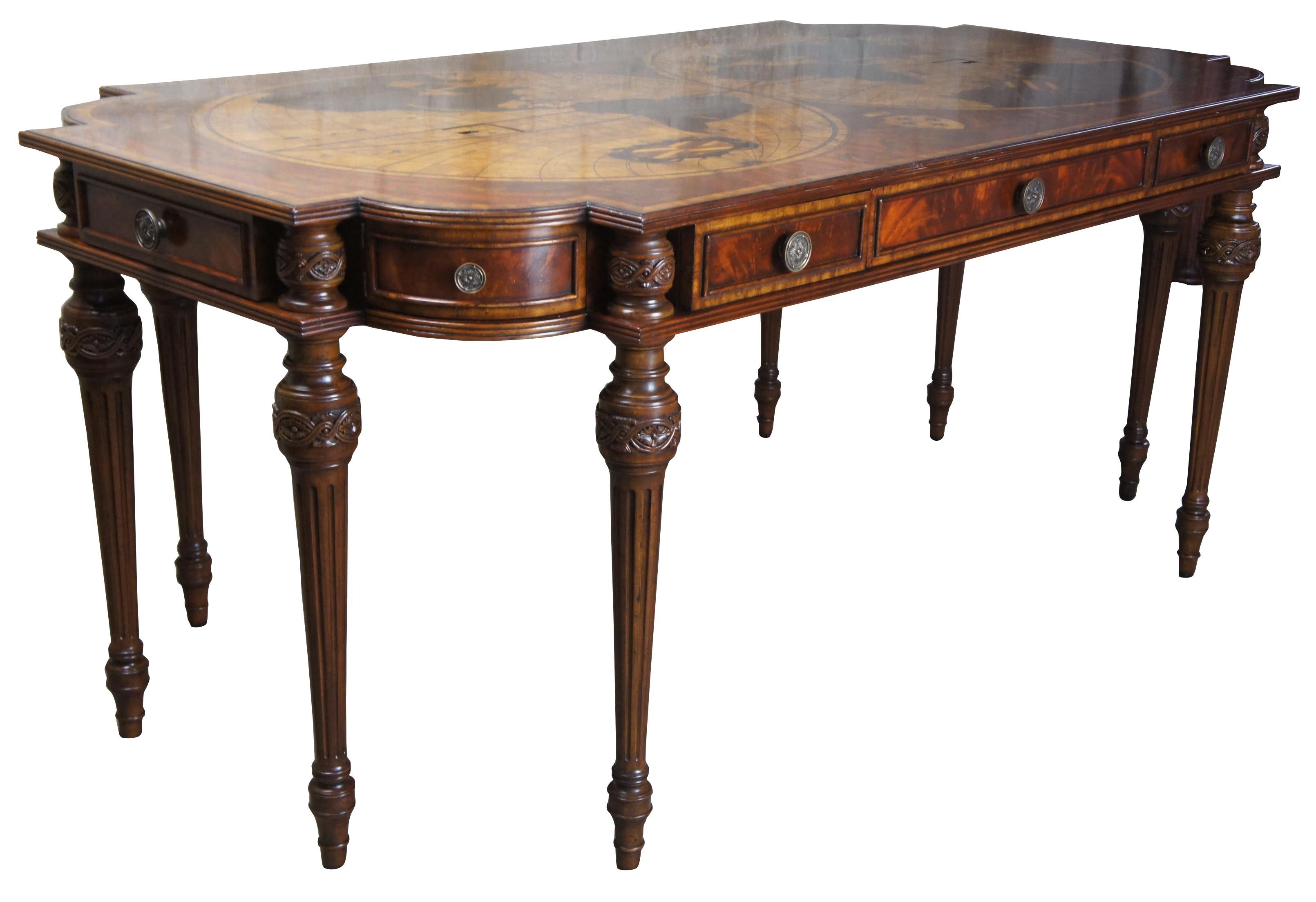 Maitland Smith inlaid world map mahogany executive library desk 8109-55

Impressive 8 leg executive desk or library table by Maitland Smith. Made from mahogany with exotic inlays on the stunning world map top. Sheraton inspired with intricately