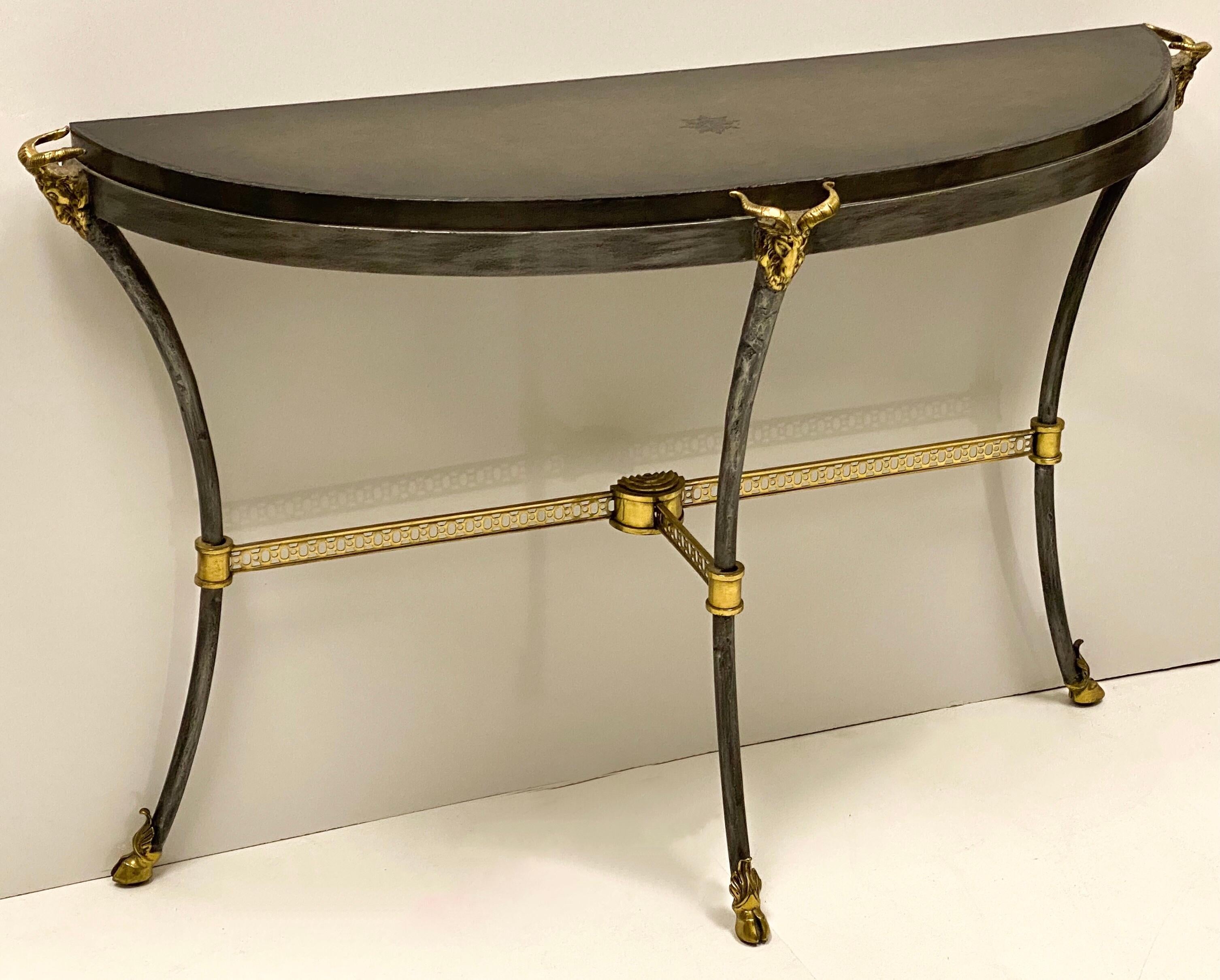 Philippine Maitland-Smith Iron, Brass and Tooled Leather Neo-Classical Style Console Table