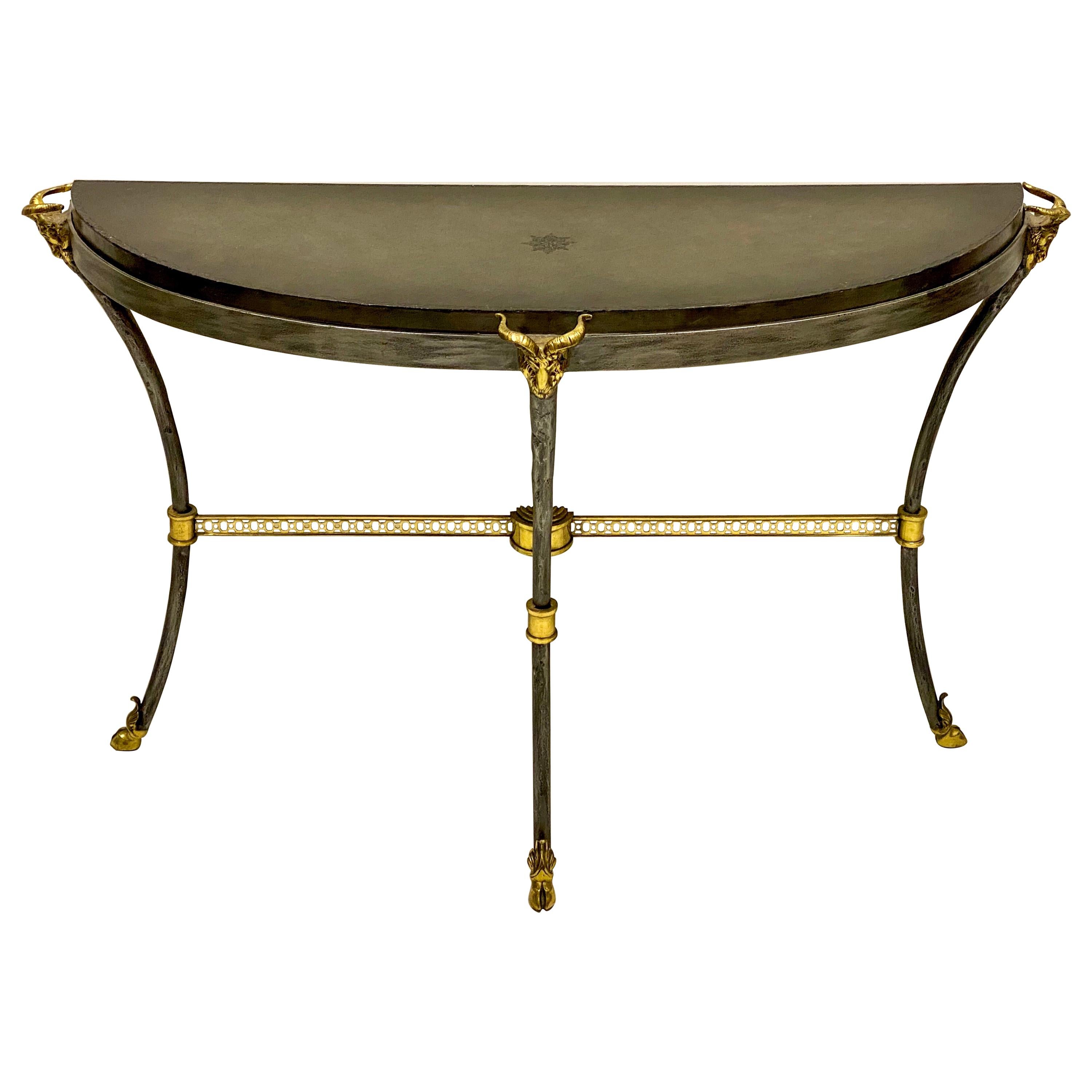 Maitland-Smith Iron, Brass and Tooled Leather Neo-Classical Style Console Table