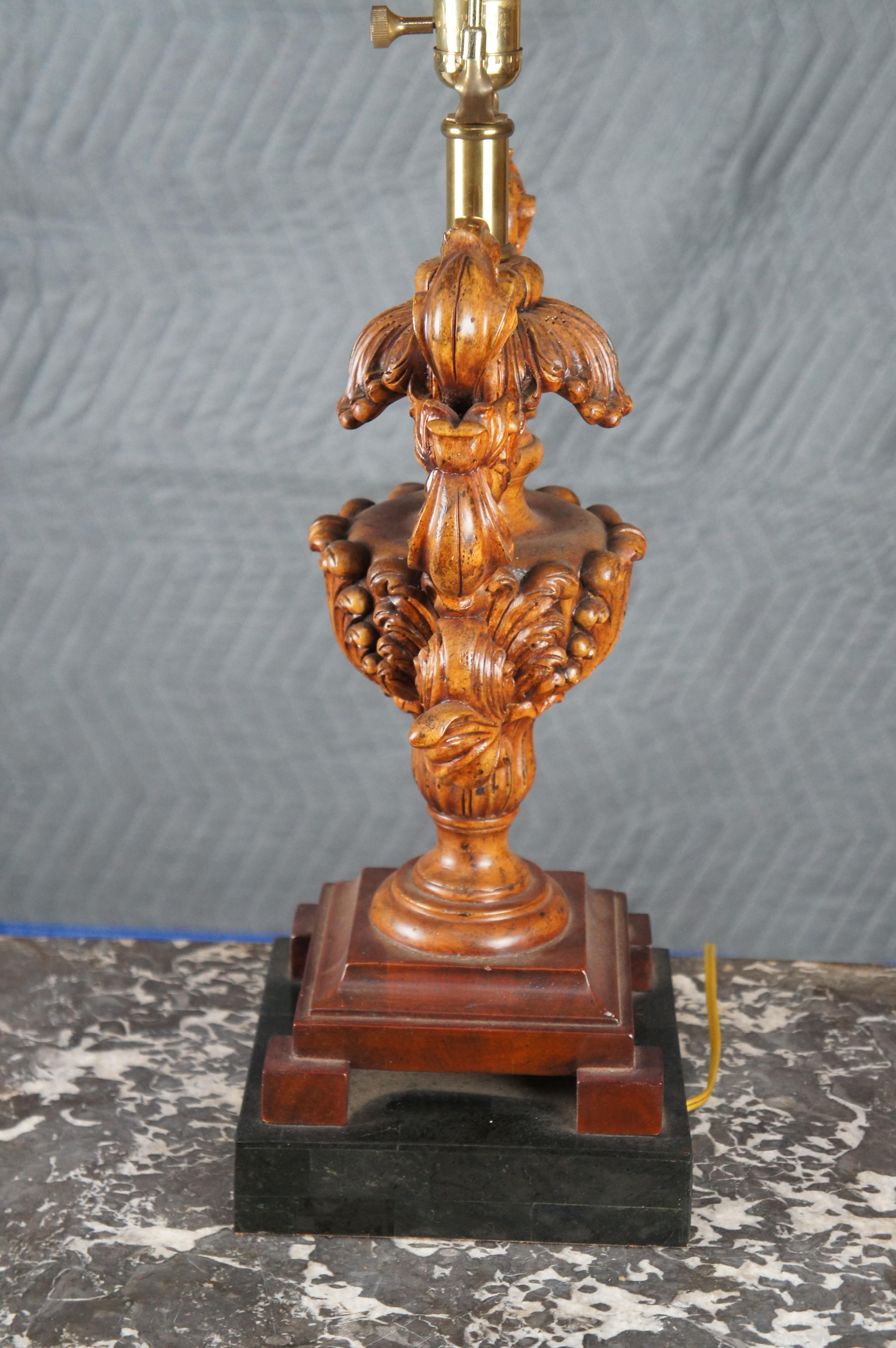 20th Century Maitland Smith Italian Baroque Style Carved Mahogany Tessellated Marble Lamp 32