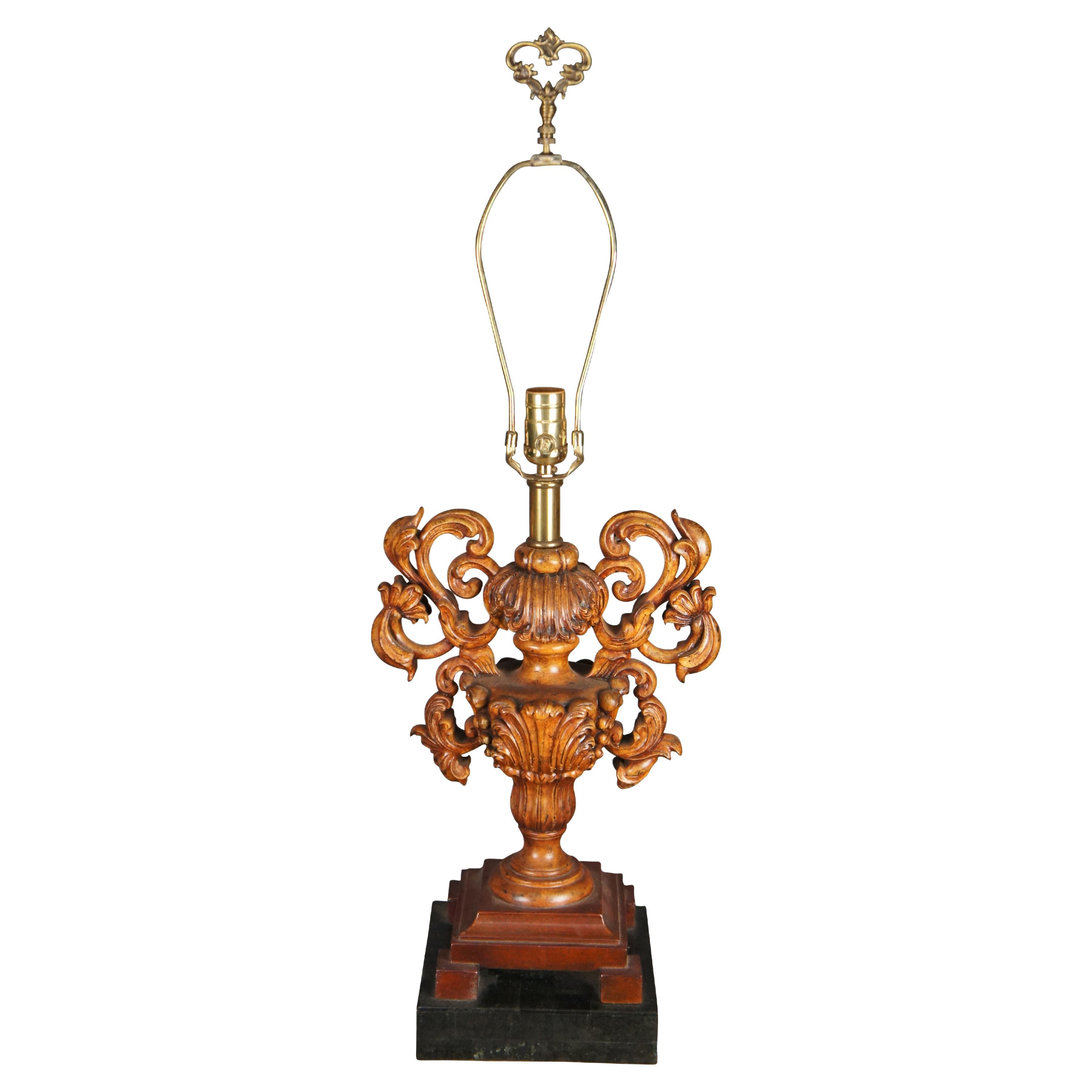 Maitland Smith Italian Baroque Style Carved Mahogany Tessellated Marble Lamp 32"