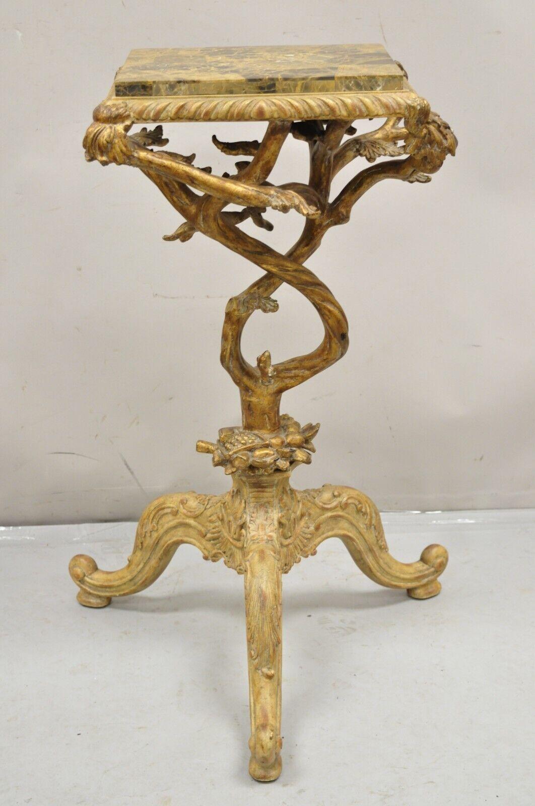 Maitland Smith Italian Grotto Style Branch and Bird Figural Pedestal Side Table. Item features a tessellated stone inlay top, figural carved resin base, original label, very unique table. Circa Late 20th Century.. Measurements: 32.5