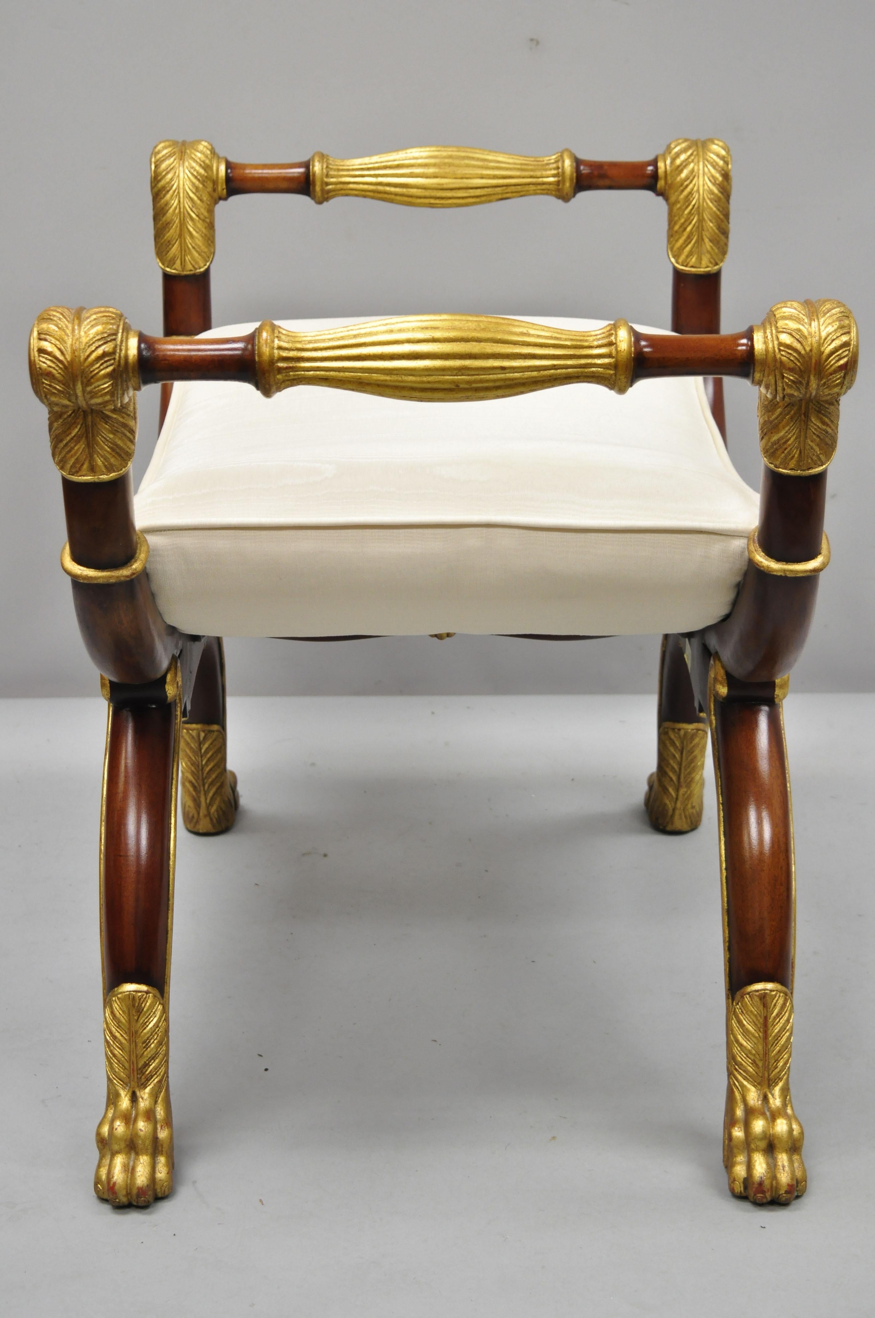 Indonesian Maitland Smith Italian Regency Style Curule Paw Foot Carved X-Frame Bench Stool