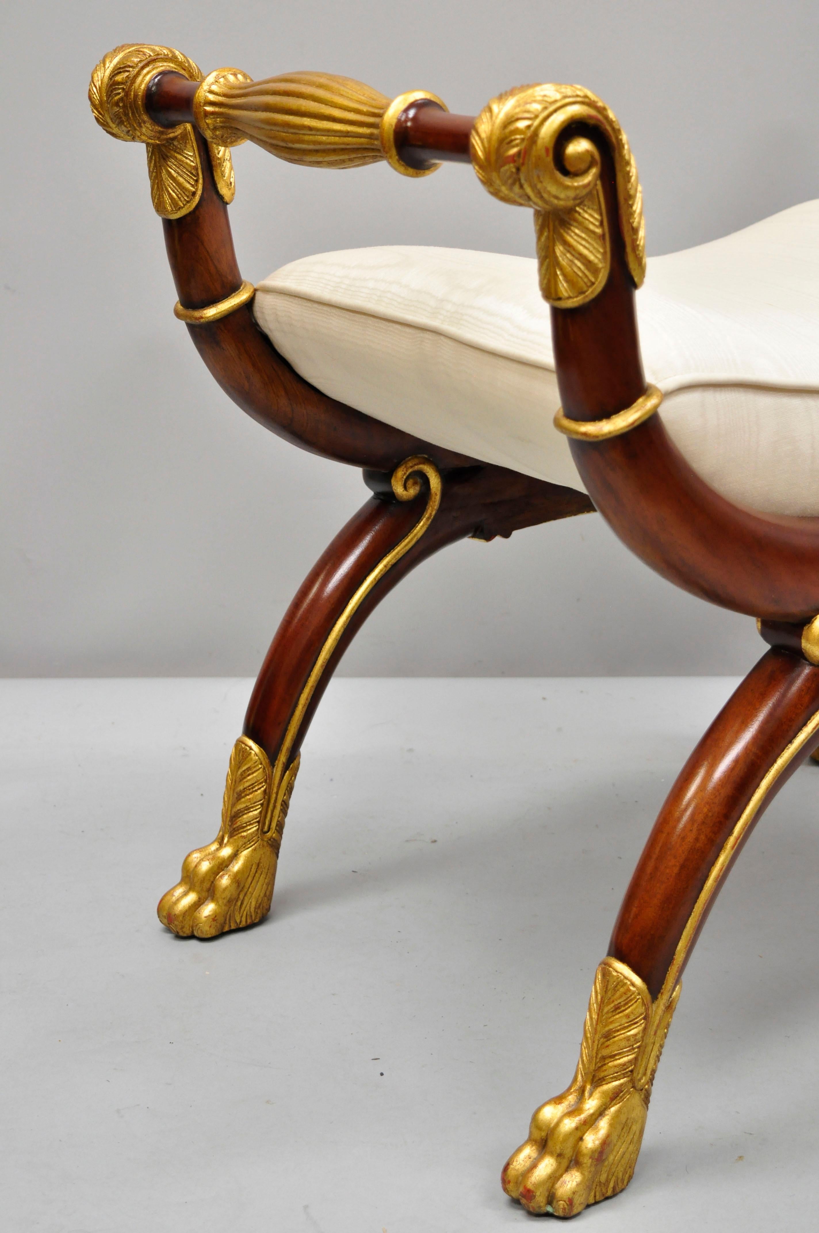 Maitland Smith Italian Regency Style Curule Paw Foot Carved X-Frame Bench Stool In Good Condition In Philadelphia, PA