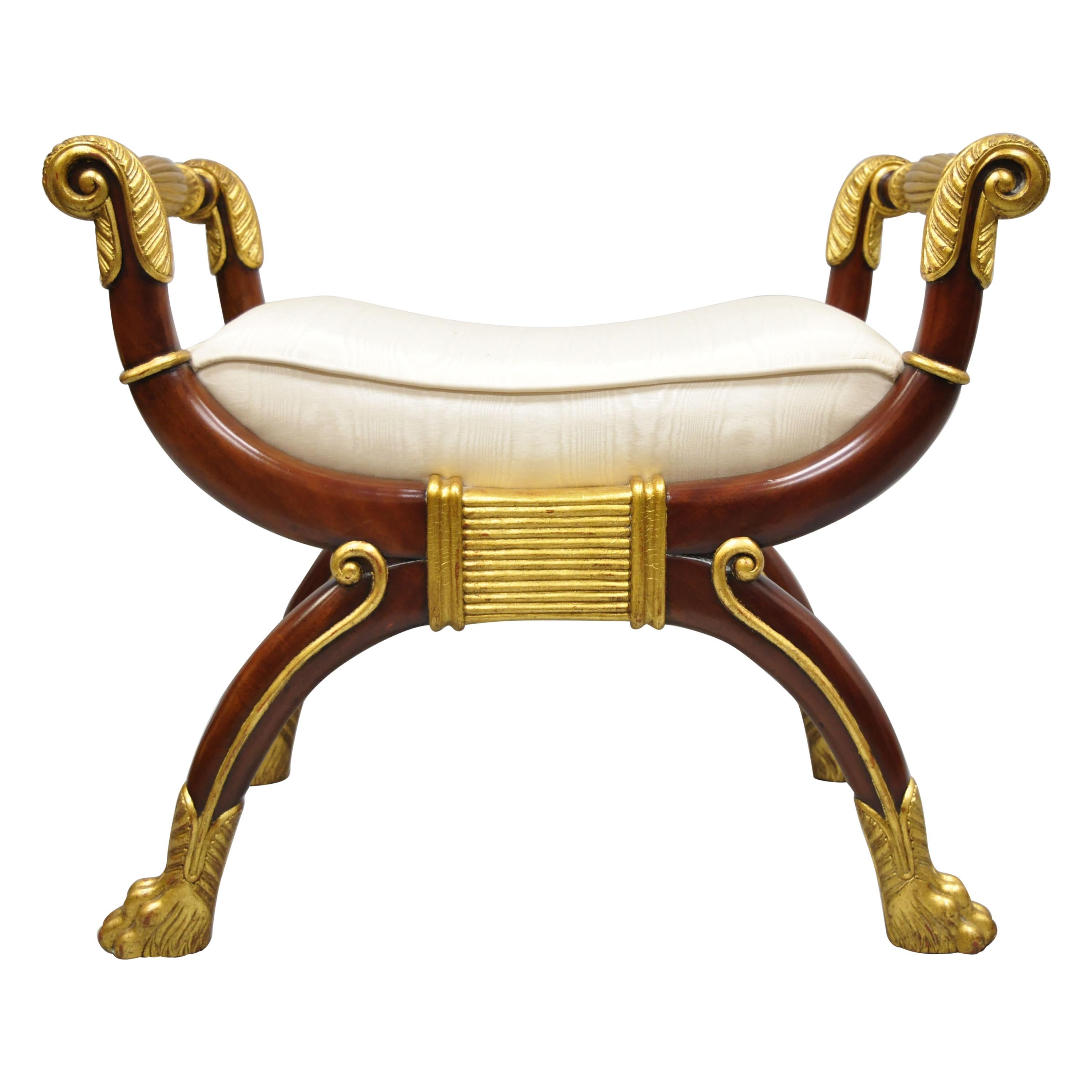 Maitland Smith Italian Regency Style Curule Paw Foot Carved X-Frame Bench Stool