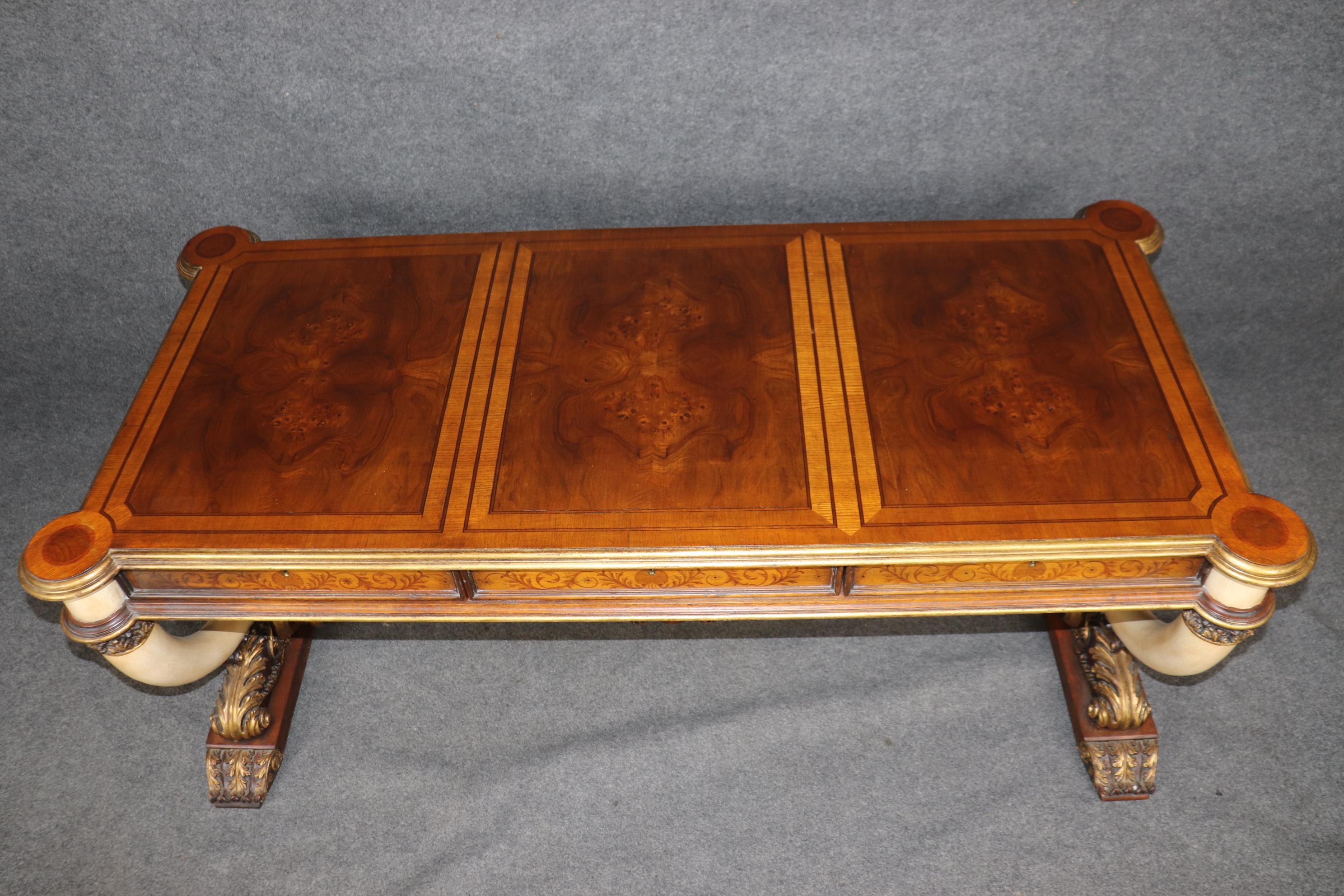 Contemporary Maitland Smith Ivory Painted Decorated Burled Walnut style Desk Bureau Plat