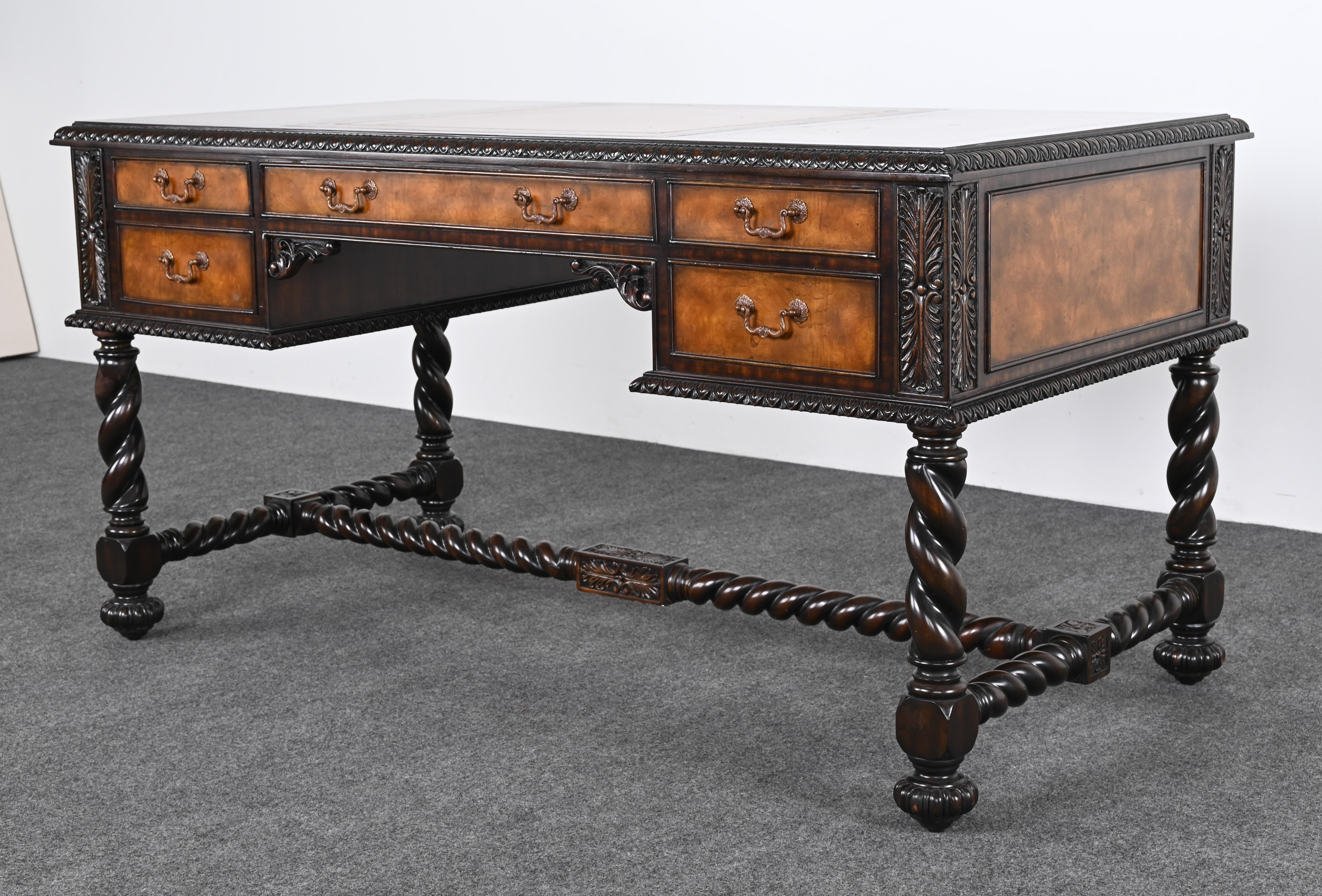 Leather Maitland Smith Jacobean Style Desk Signed