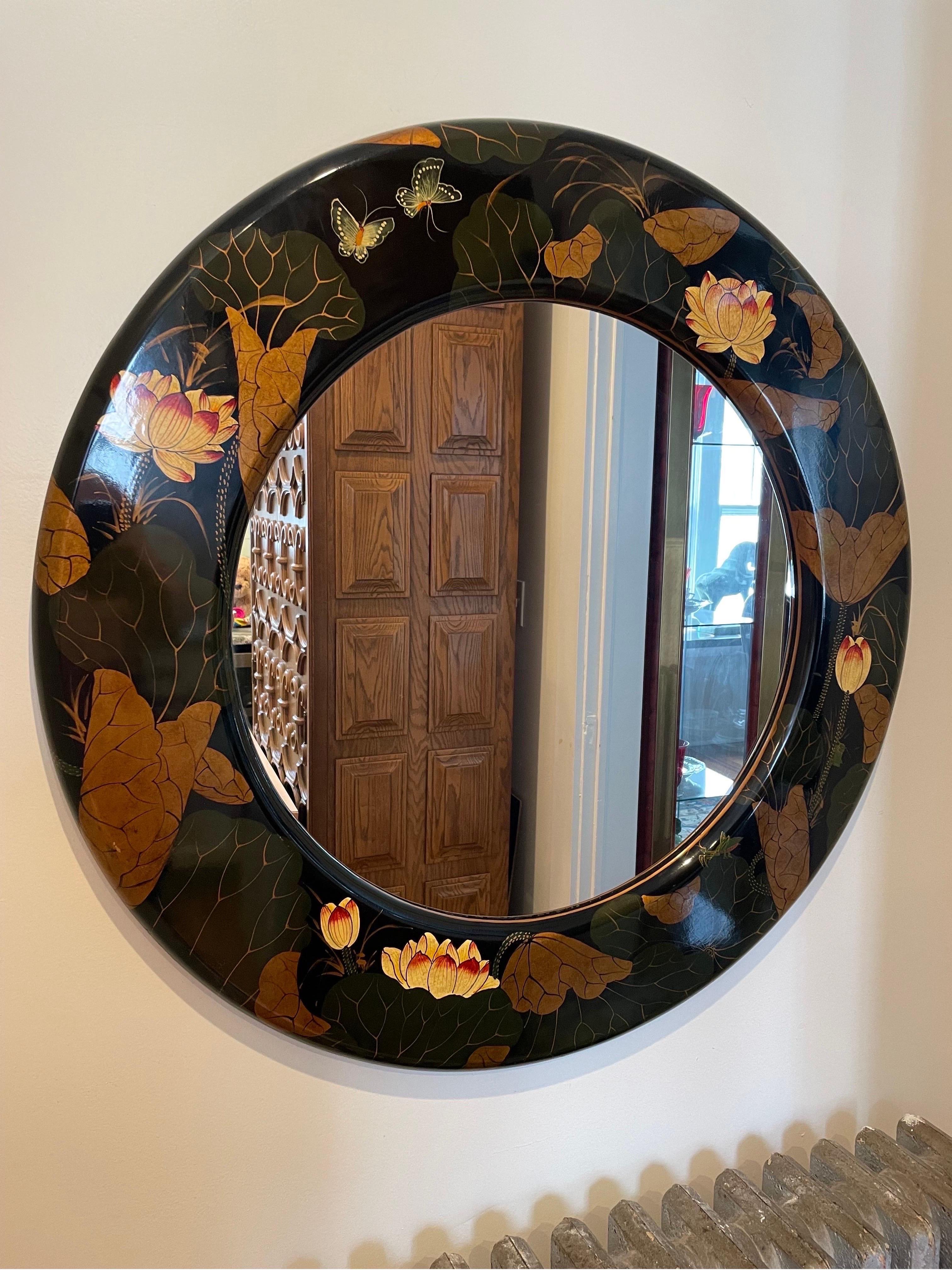 Lacquer circular wall mirror by Maitland Smith. Classic Chinoiserie styling. Lotus Graphics.
Curbside to NYC/Philly $300.