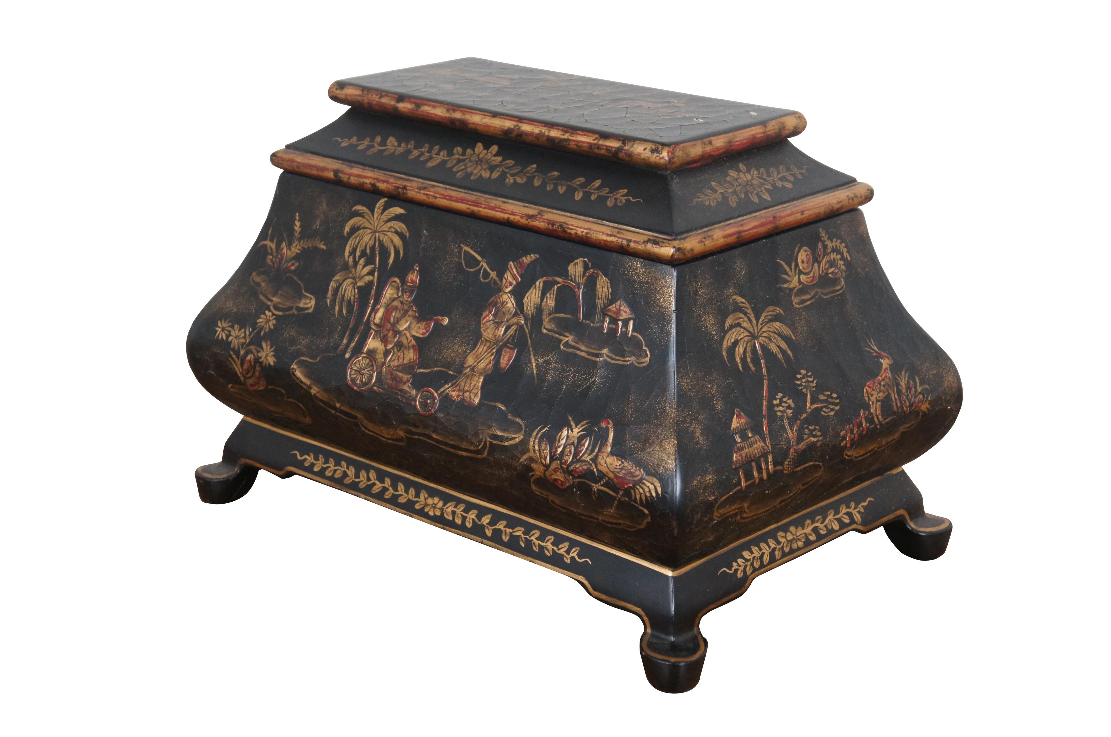 Late 20th century Maitland Smith black and gold lacquer Chinoiserie trinket / keepsake box, decorated with island landscapes featuring huts, animals, and a pair of figures. 1143-317. Made in China.

Dimensions:
15